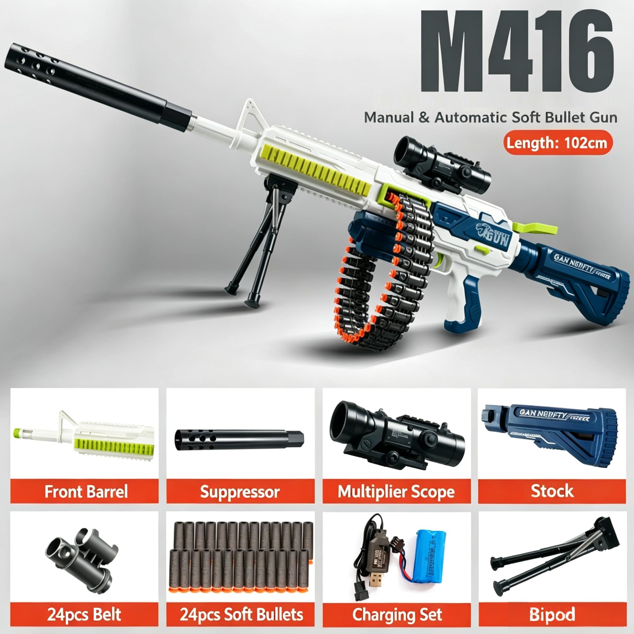 Toy Gun, Rifle de Francotirador con Mira Telescópica y Trípode, Juguete Espuma Blaster con 24 Balas, Alimentada por Batería Recargable - Fusil Refromando con Automático Modos, Ages 6+ (Blanco)