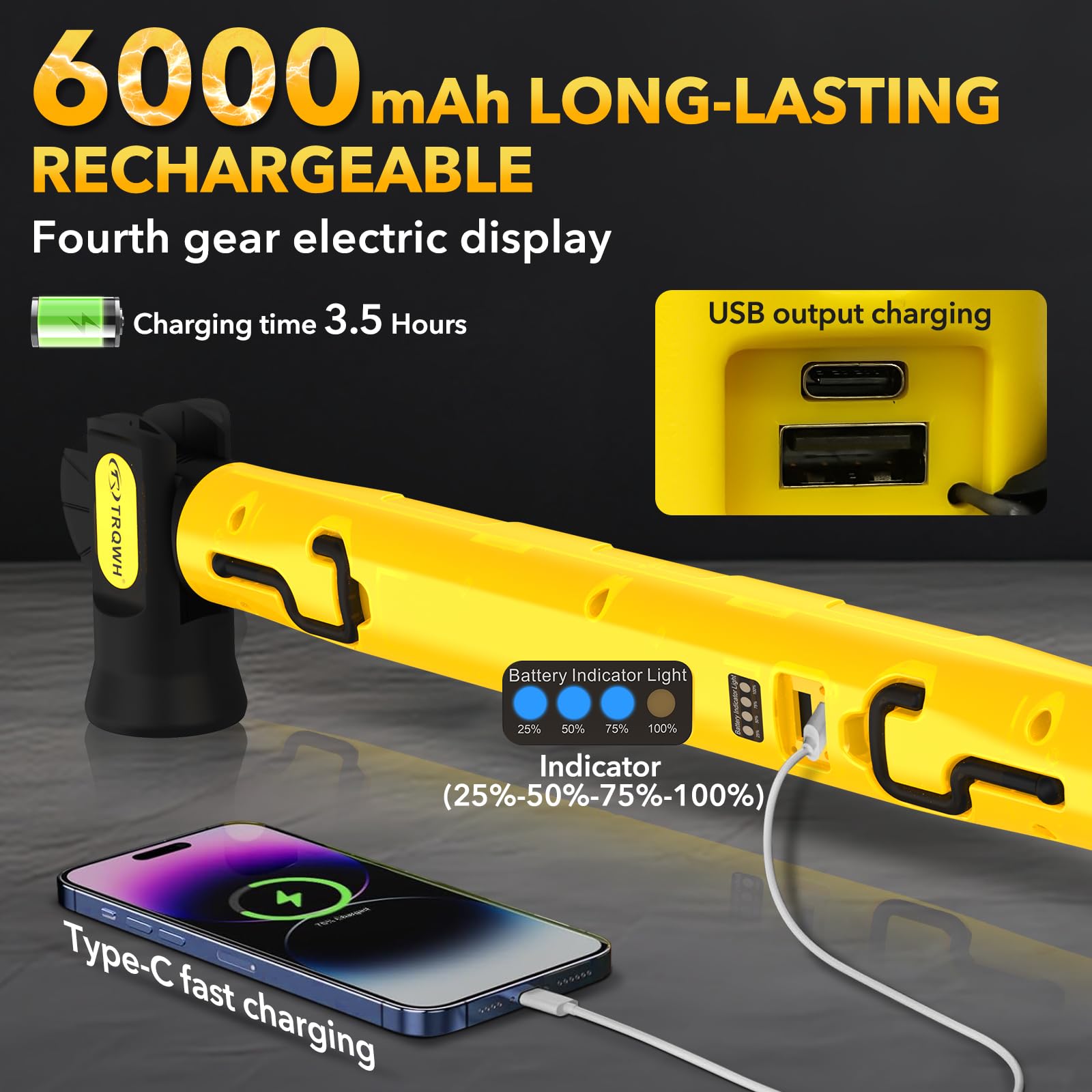 TRQWH Lampe de travail 3200LM LED, 6000mAh rechargeable, portable, magnétique, lumière d'urgence avec crochets pour réparation de voiture, garage, atelier, camping, jaune