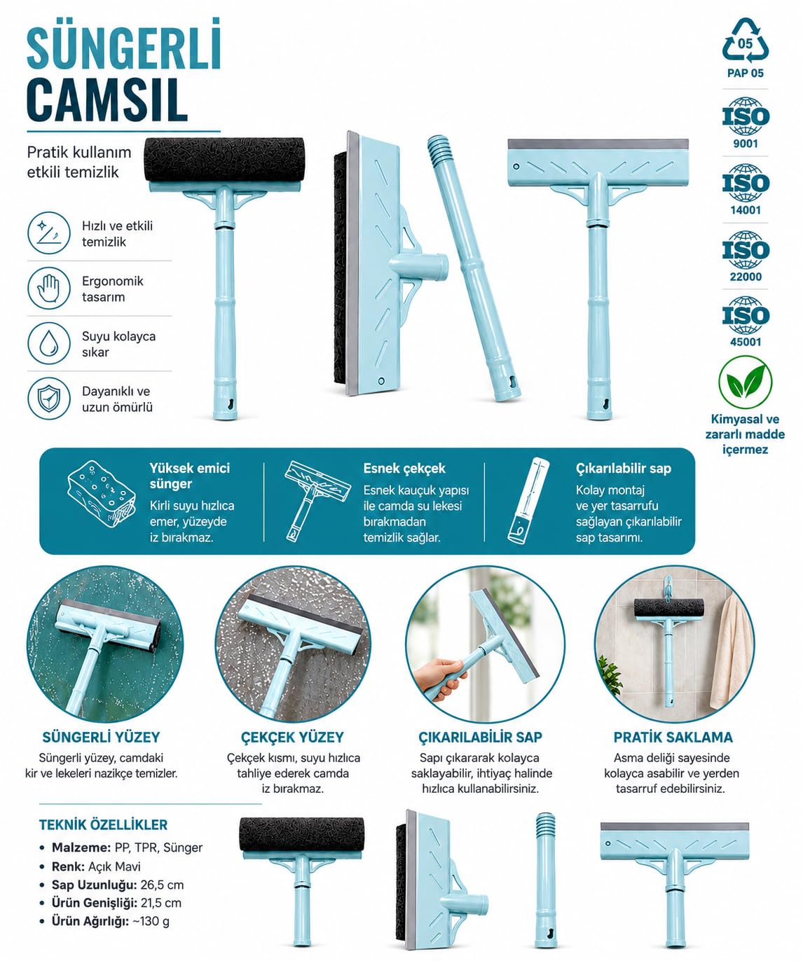 Süngerli Camsil Cam, Ayna, Fayans ve Duşakabin Temizleme Aparatı – Ergonomik Saplı Çekçekli Cam Silme Aparatı, Açık Mavi