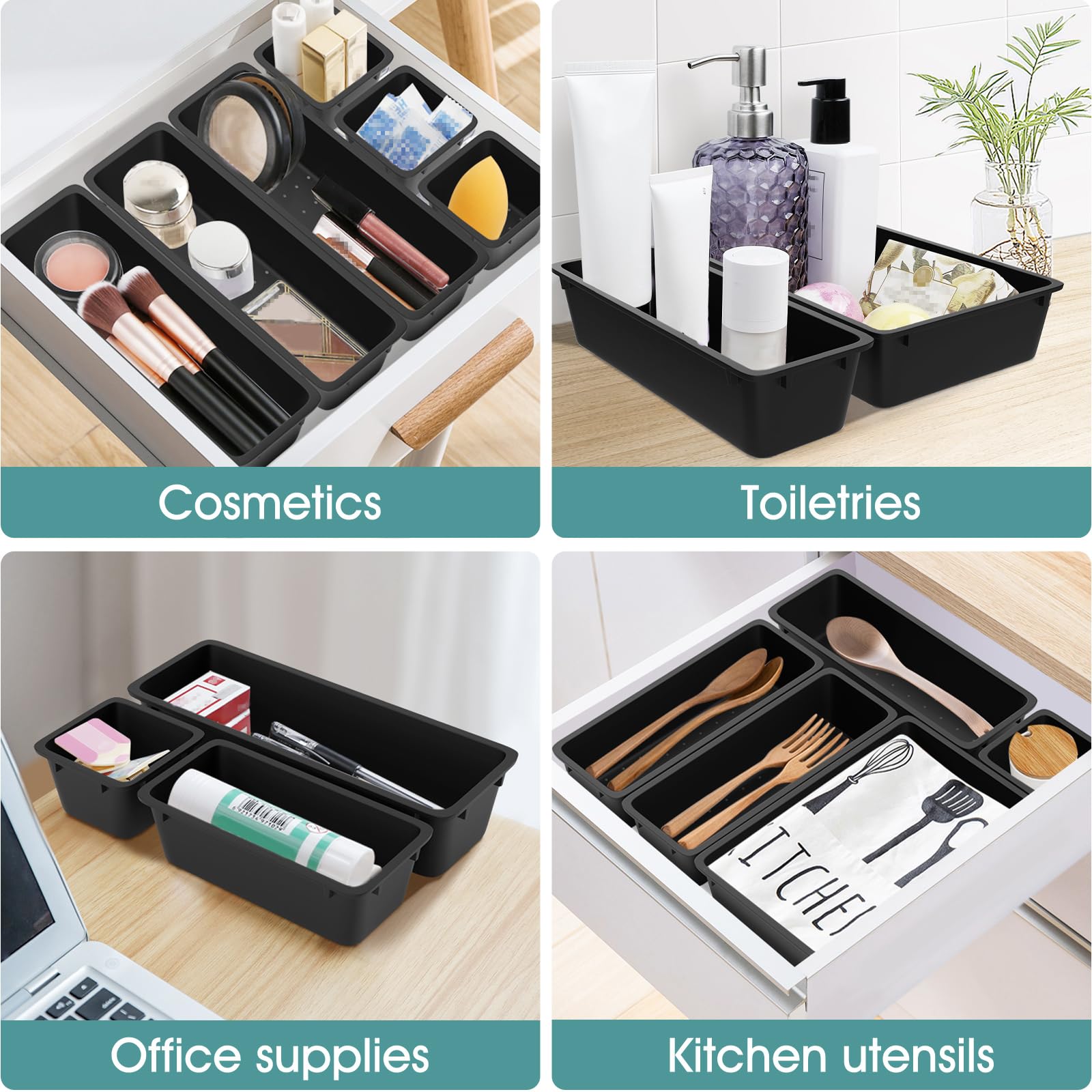 WOWBOX Schubladen-Organizer-Set aus Kunststoff, 4 Größen, Schreibtisch-Schubladenteiler und Aufbewahrungsbehälter für Make-up, Schmuck, Gadgets für Küche, Schlafzimmer, Badezimmer, Büro, Schwarz, 25
