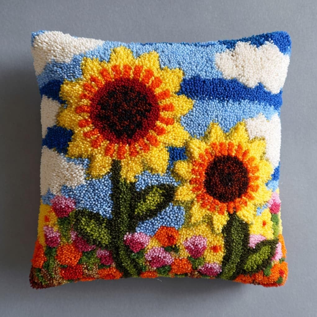 Henypt DIY Latch Hook Cushion Kit,Sunflower Flowers 43x43cm Decorative Pillow Cover Craft Set,DIY Craft Set Perfect for Living Room & Gifting