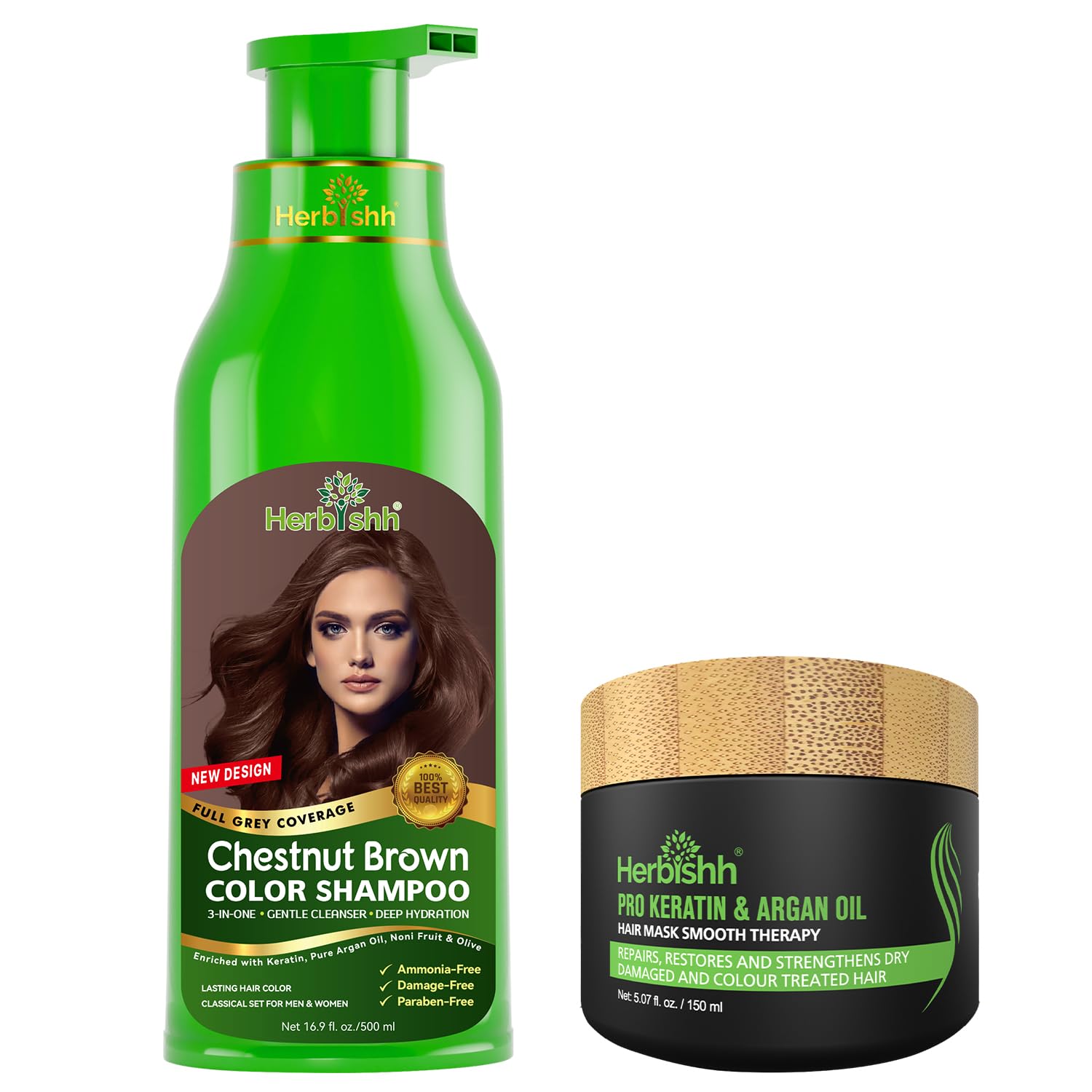 Herbishh Hair Color Shampoo for Grey Hair 500ml + Argan Hair Mask for Dry or Damaged Hair | Hair Dye | Cover Grey Hair for Men and Women (Chestnut