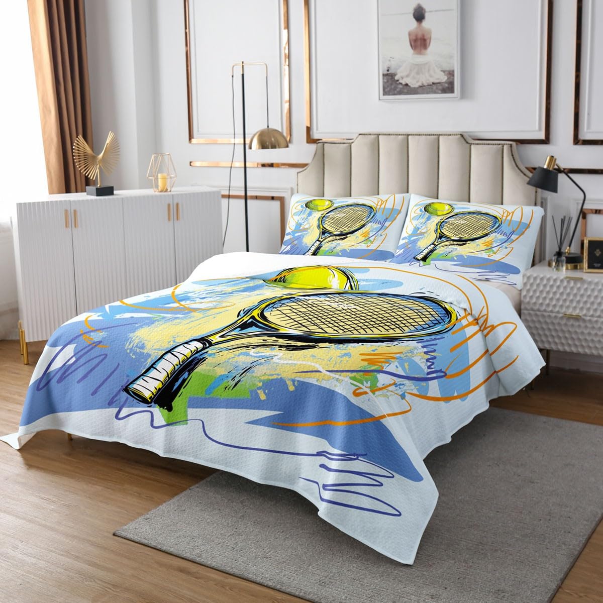 Set di biancheria da letto con copriletto sportivo da tennis, per letto matrimoniale, motivo acquerello e graffiti, set di biancheria da letto con 2 federe