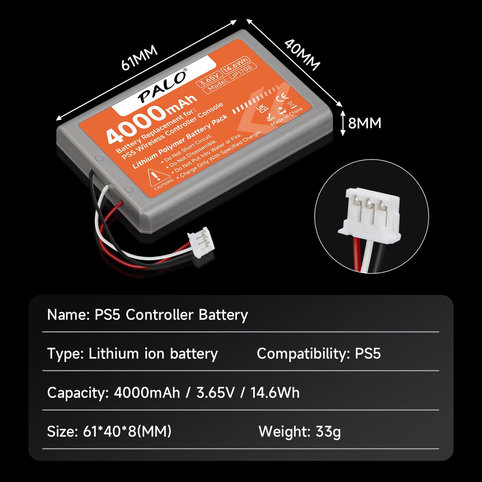 2 Batterie per Controller PS5 4000 mAh – 3,65 V/14,6 Wh al litio ricaricabile ad alta capacità per LIP1708, PS5 Dual Sense, CFI-ZCT1W, CFI-ZCT1J Wireless Controller