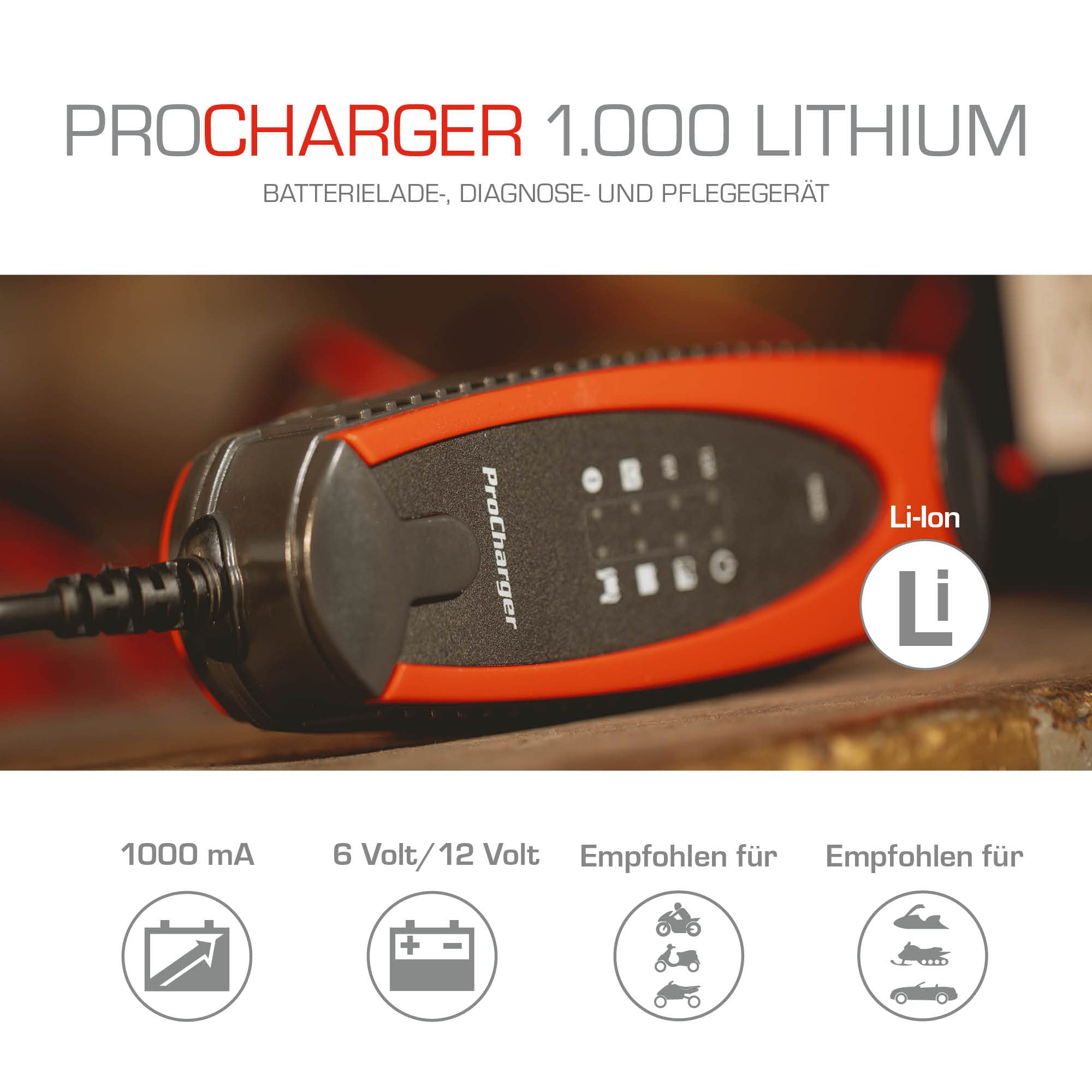 ProCharger 1.000 Lithium Batterieladegerät, Intelligentes Motorrad- & Autobatterie Ladegerät für 12 V Lithium-Ionen-Starterbatterien, Erhaltungsladefunktion, Überladeschutz, Batterie-Testfunktion