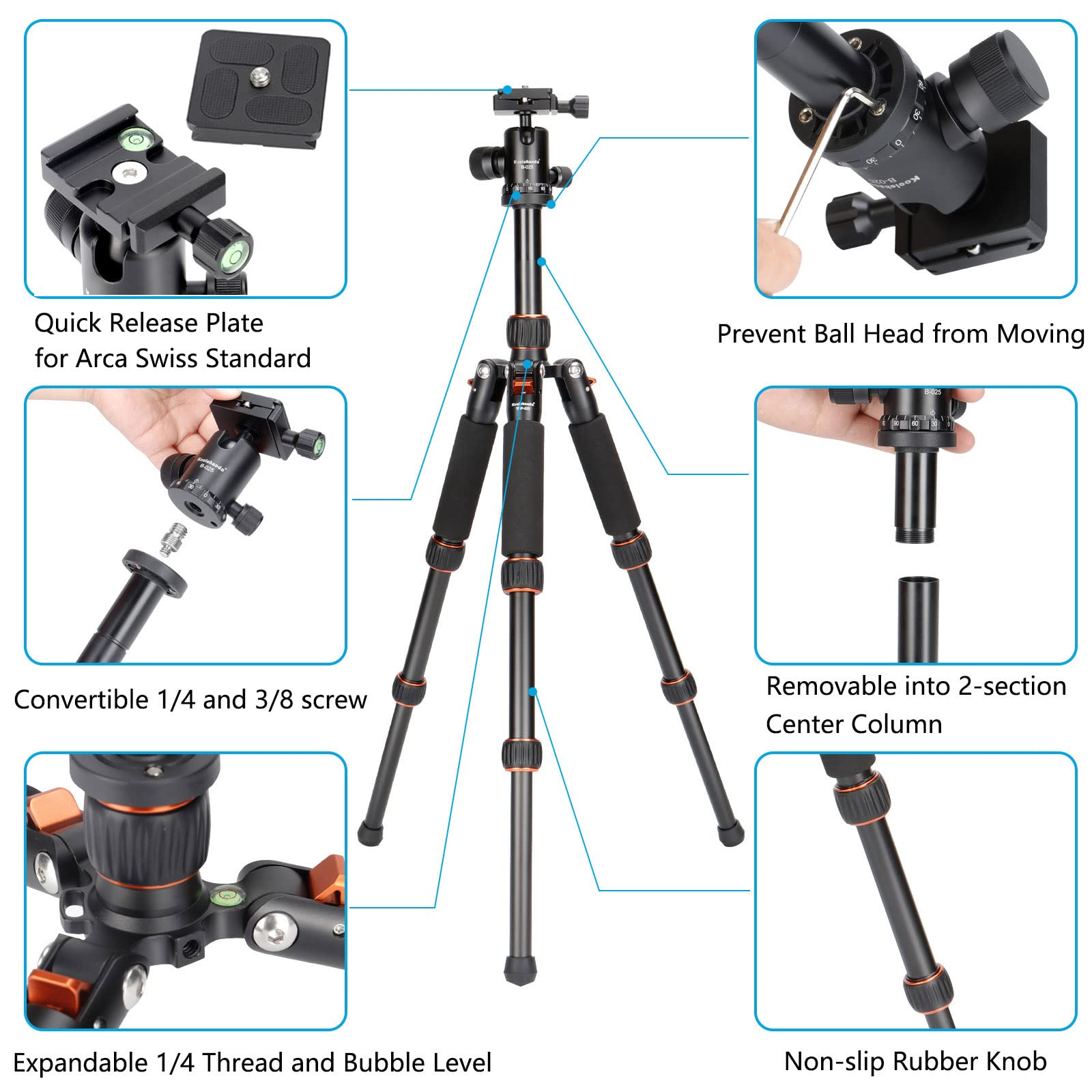 Koolehaoda Portable Mini Tripod with 360 Degree Ball Head,Height Adjustable 8.3-25inch Compact Desktop Mini Tripod for DSLR Camera Video Camcorder, Load up to 22lbs /10kg (Orange)