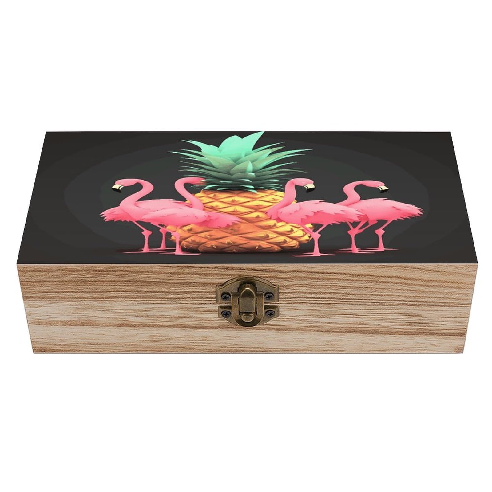 VstaDank Pineapple Flamingos Wooden Storage Box with Hinged Lid Natural Wooden Box Beautifully Keepsake Boxes Vintage Wood Boxes Jewelry Organizer Trinket Storage Chest Unique Gift