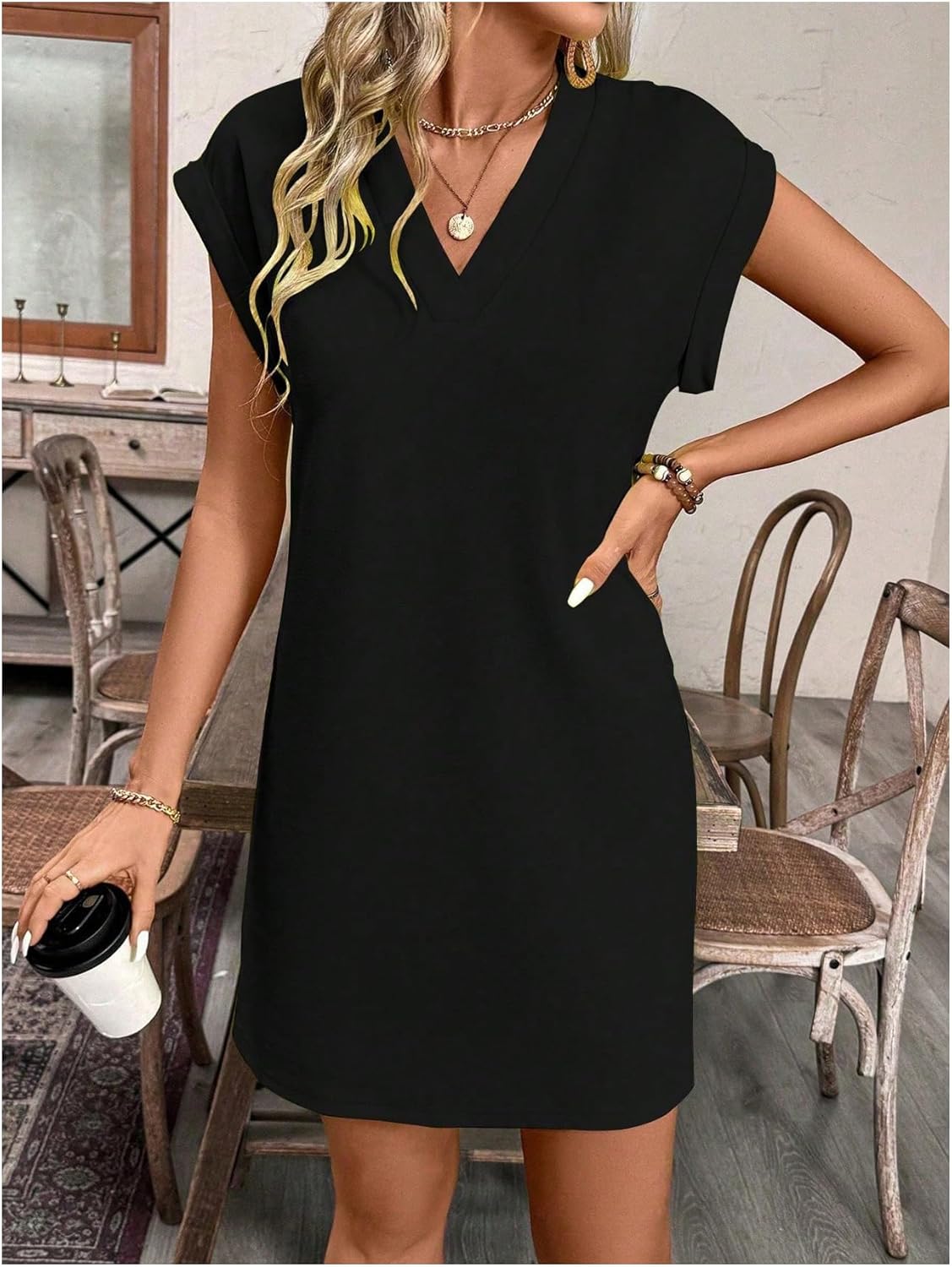 Women's Summer Short Sleeve Mini Dress Elegant Casual V Neck Work Office Dresses - Image 3