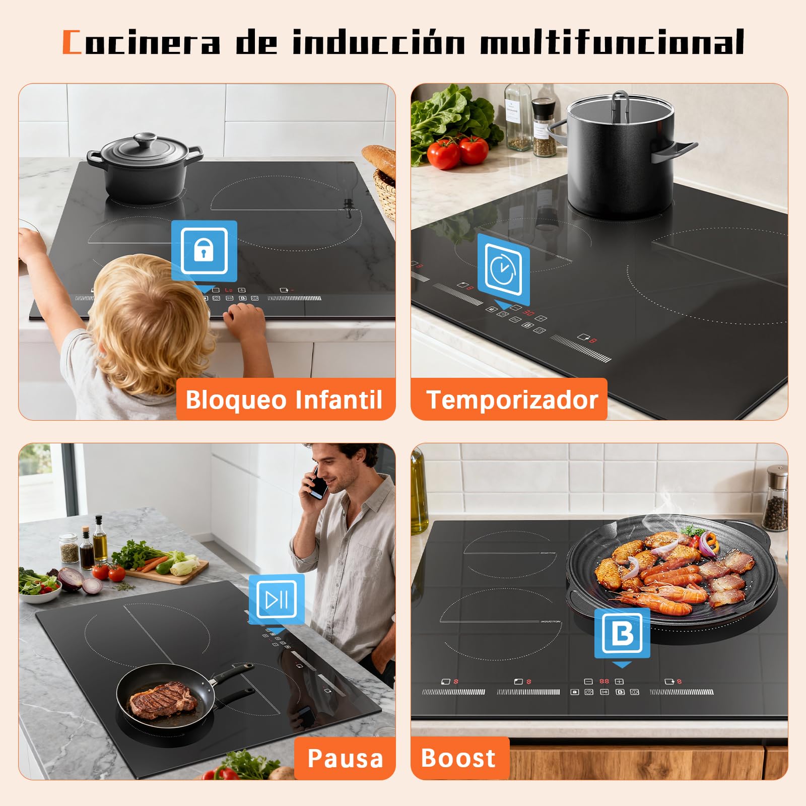 Placa inducción 3 Fuegos 6500w, 60cm, Vitroceramica Induccion Empotrable de Función Boost, con 9 Niveles de Potencia, Temporizador, Función de Pausa, Bloqueo de Seguridad, Encimera Induccion 220V~240V