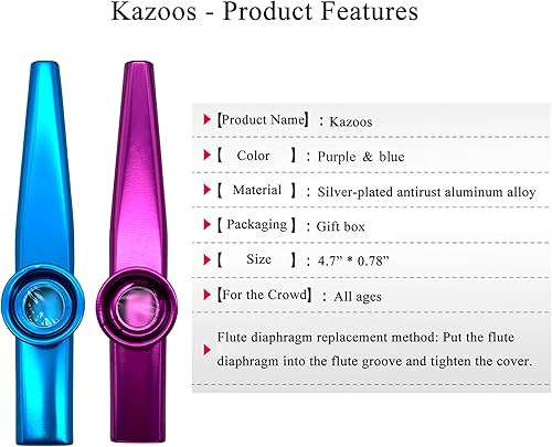Miniatura 2 de Paquete de 2 Kazoos (azul, morado) con 6 flautas de membrana de diafragma todo en una caja de regalo