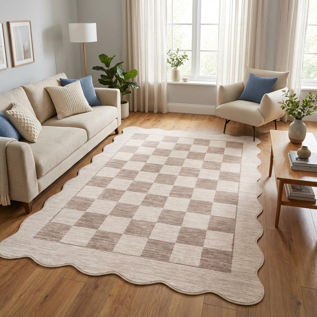 MilleLoom Large Scalloped Rug 9x12 Washable Plaid Print Bedroom Carpet, Stain-Resistant Contemporary Floor Rug, Non-Slip Checkerboard Indoor Mats for