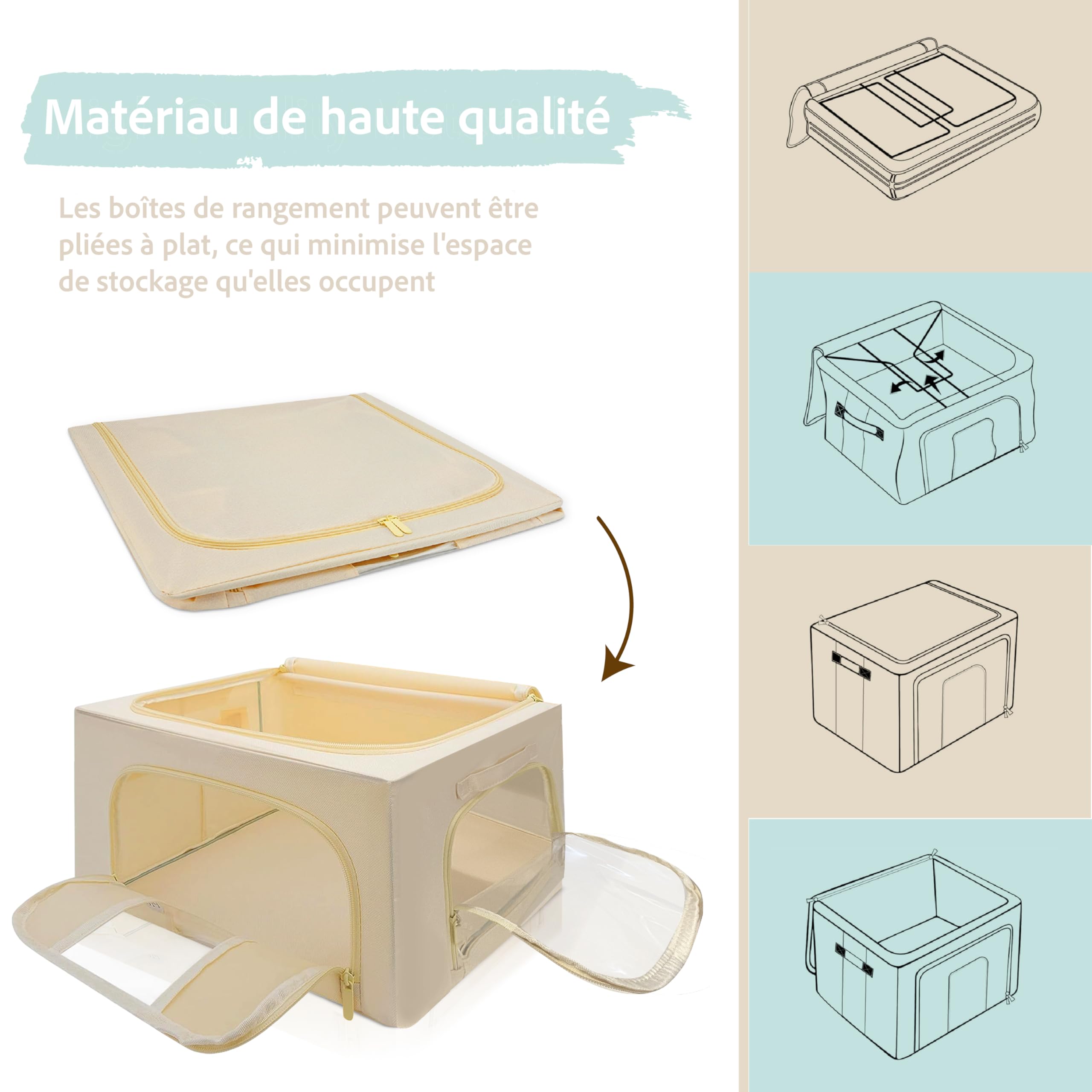 Lot de 3x 66L Sac de rangement vetement penderies rigide en tissu - Organisateur vetement - Boite de rangement vetement Couverture et oreiller avec Fenêtre transparente