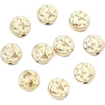 LiQunSweet 100 Pcs Light Golden Color Flat Round with Moon Star Beads Celestial ABS Plastic Loose Beads for DIY Jewelry Bracelet Craft Decoration