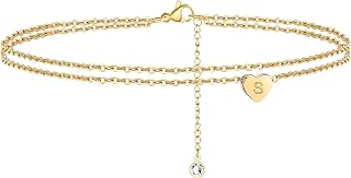 Heart Initial Ankle Bracelets for Women, 14K Gold Filled Handmade Dainty Layered Anklet Letter Initial Heart Ankle Bracelets for Women Beach Jewelry Gifts