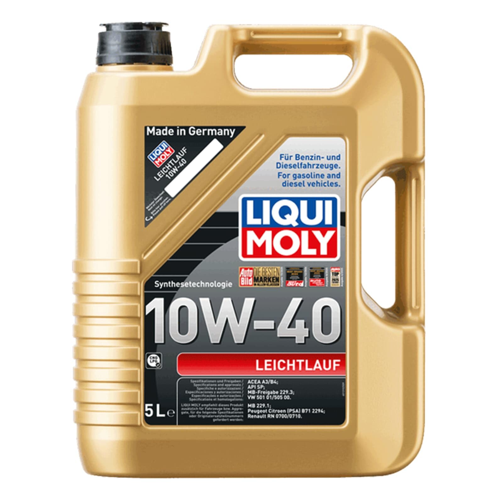 LIQUI MOLY Huile moteur Leichtlauf 10W-40 Huile en partie synthétique huile ACEA A3/B4 API SP 5 L Compatible avec VW Golf 4 3/5 portes 1J1 Golf 5 3/5 portes 1K1 Polo IV 3/5 portes 9N, 9A, SEAT, AUDI