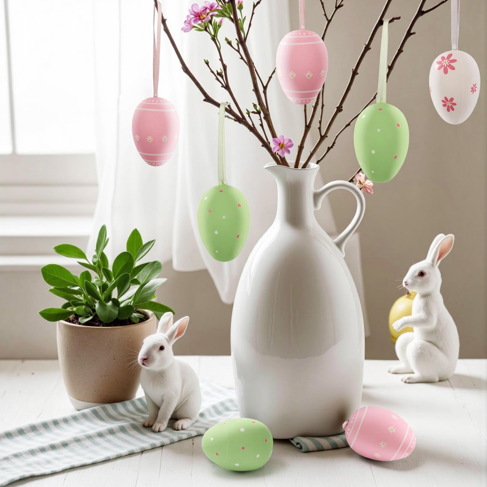 18 Huevos De Pascua Colgantes De Plástico | Verde, Blanco Y Rosa | 6 Cm De Alto | Decoración Para árboles, Ventanas Y Cestas