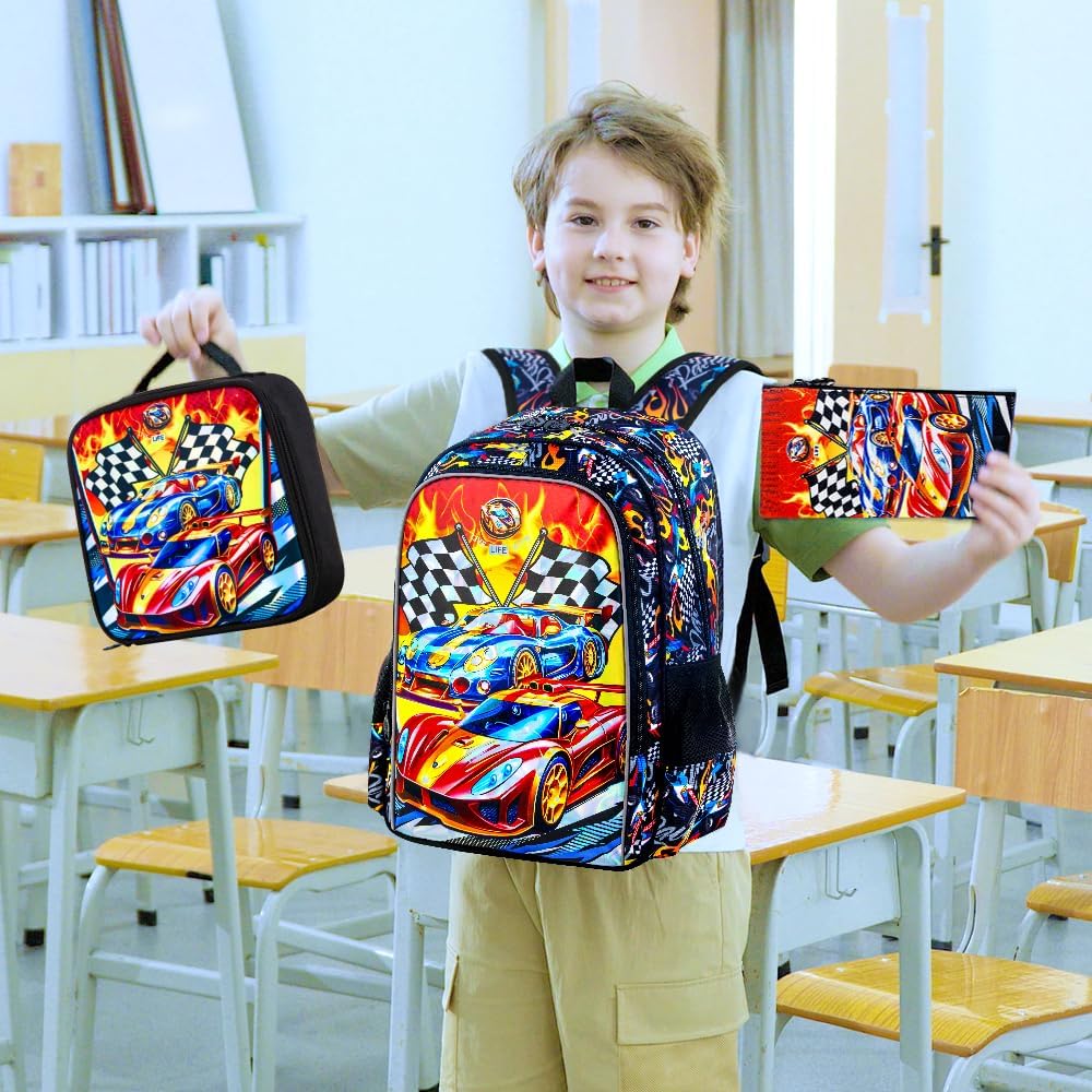 3Pcs Cars Backpack, 16" Boys Bookbag with Lunch Box, Kids School Backpacks Set for Elementary Preschool Kindergarten - Image 2