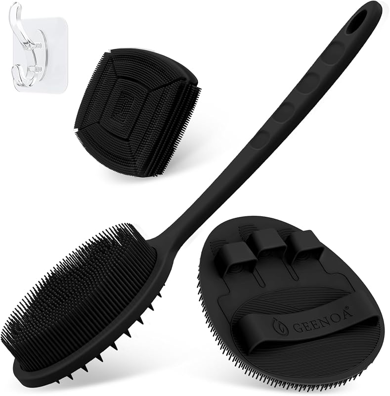 Conjunto GEENOA com escova de silicone para costas, luva de banho e escova facial, 3 peças, cabo de 34 cm, preto