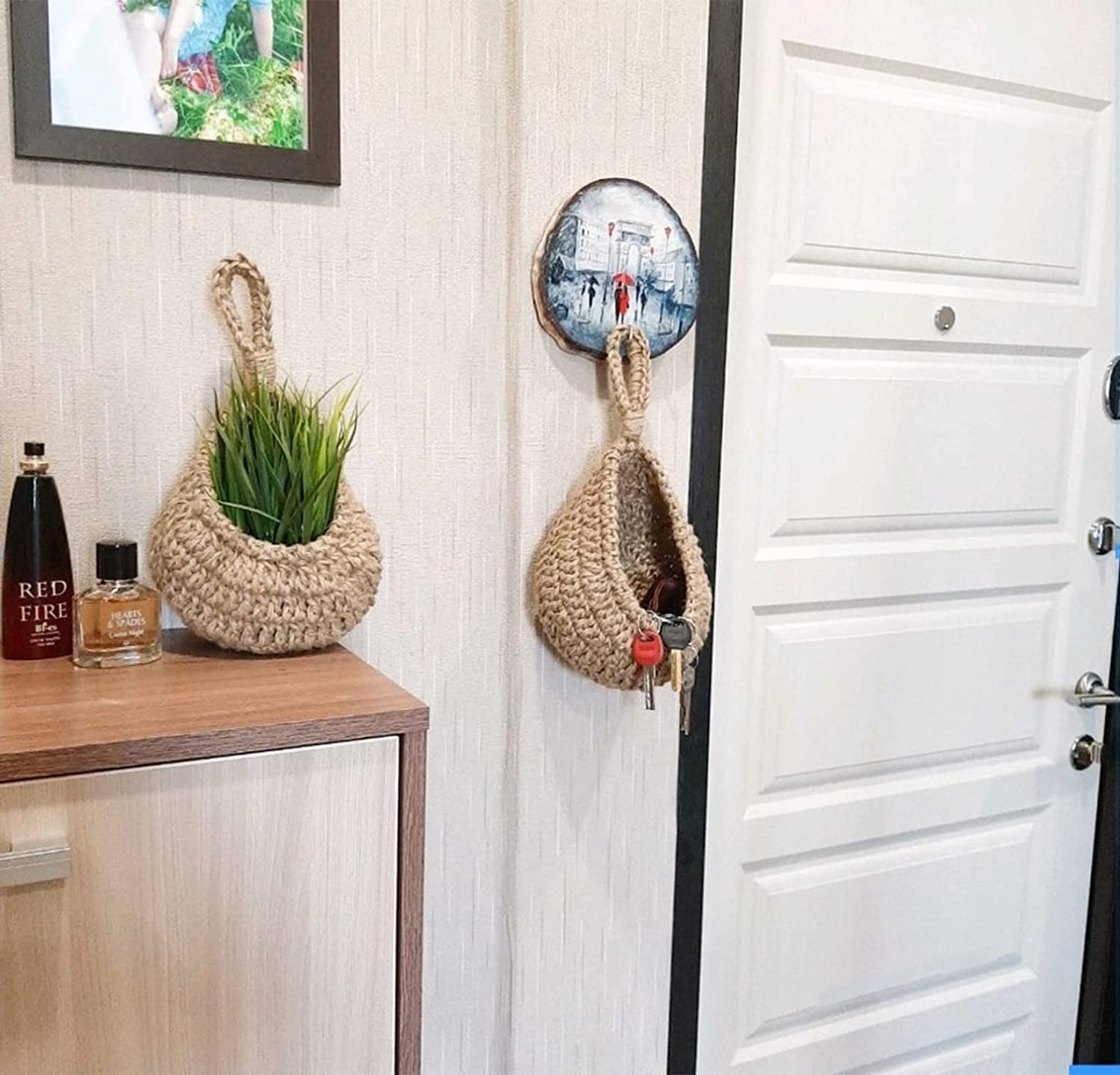 9 stuks jute hangende fruitmanden voor keuken boho hangende mand geweven hangende muur mand opslag knoflookhouder voor aardappel ui banaan groenteproducten hangmat houder thuis keuken decor (bruin