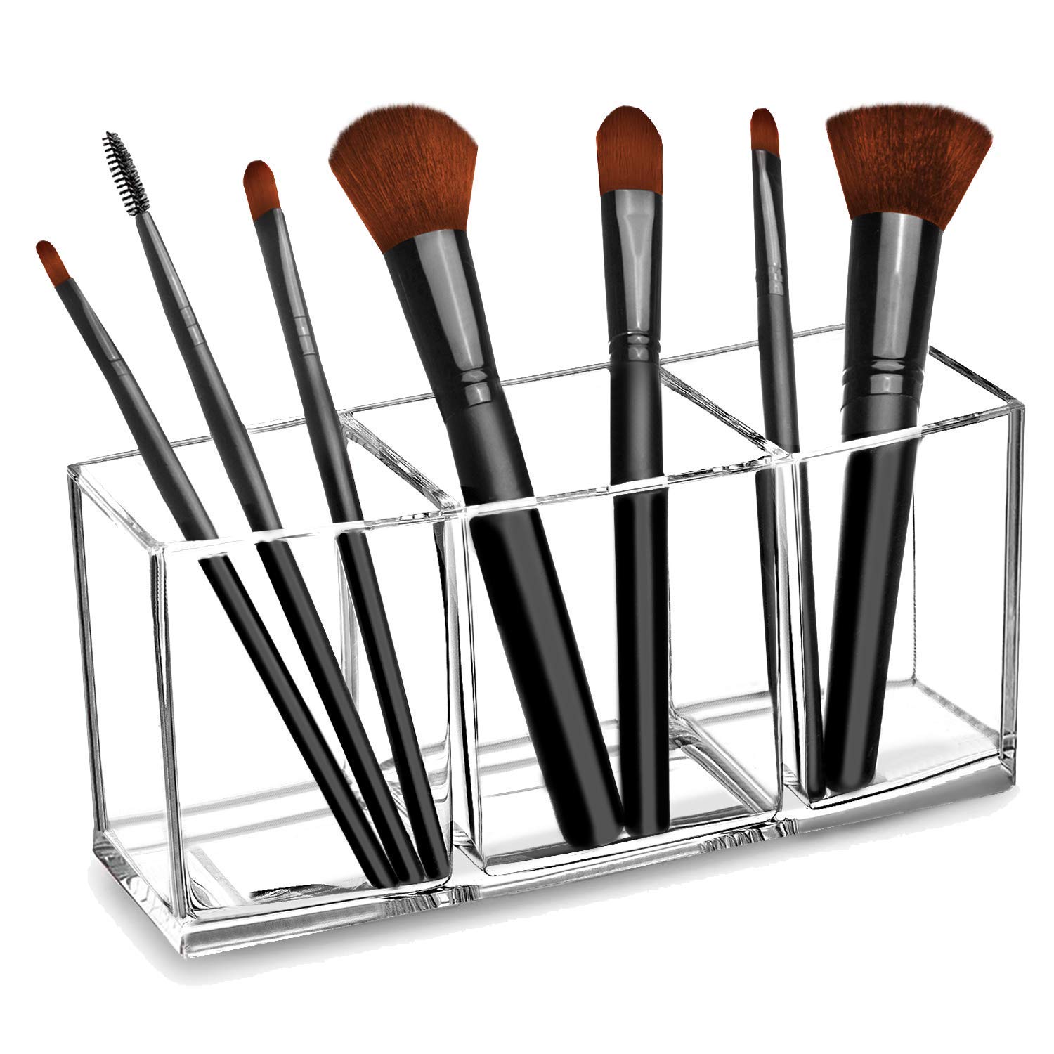 CACASO Clear Makeup Brush Organizer, Premium Acrylic Holder with 3 Compartments, Display and Store Cosmetics