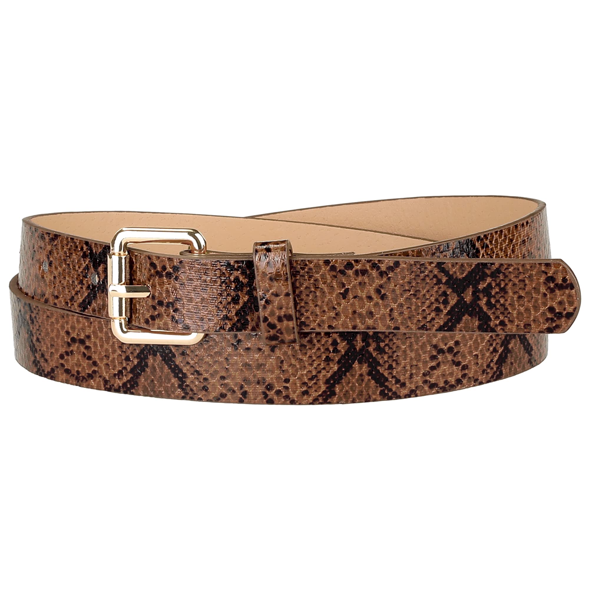 Elerevyo Women Slim Thin Waist Belt, Snakeskin Embossed Faux Leather Skinny Belts Waistband for Jeans Pants Camel 74-89cm/29.13-35.04"