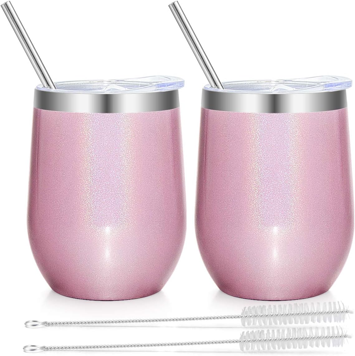 Bastwe 2 Pack Stemless Wine Tumblers with Straws, 12 oz Stainless Steel Double Wall Vacuum Insulated Wine Glass for Coffee, Champagne, Cocktail, Beer, Drinks (Glitter Pink)