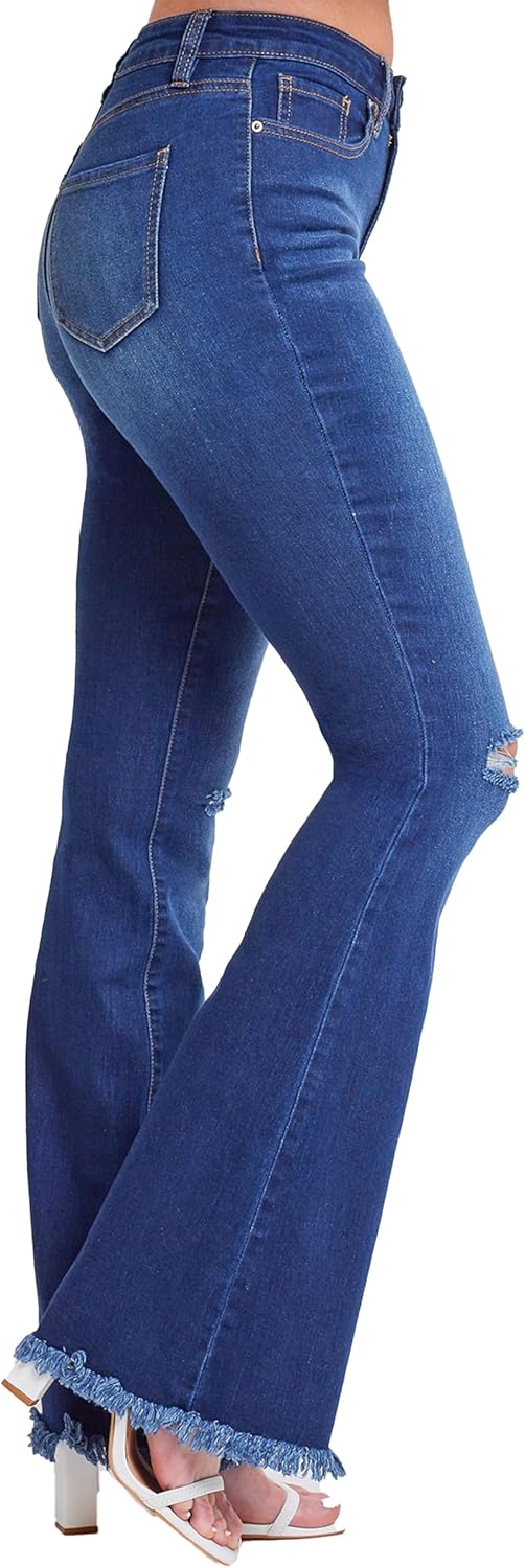 YMI Womens High-Rise Flare Jean with Frayed Hem-Long Inseam