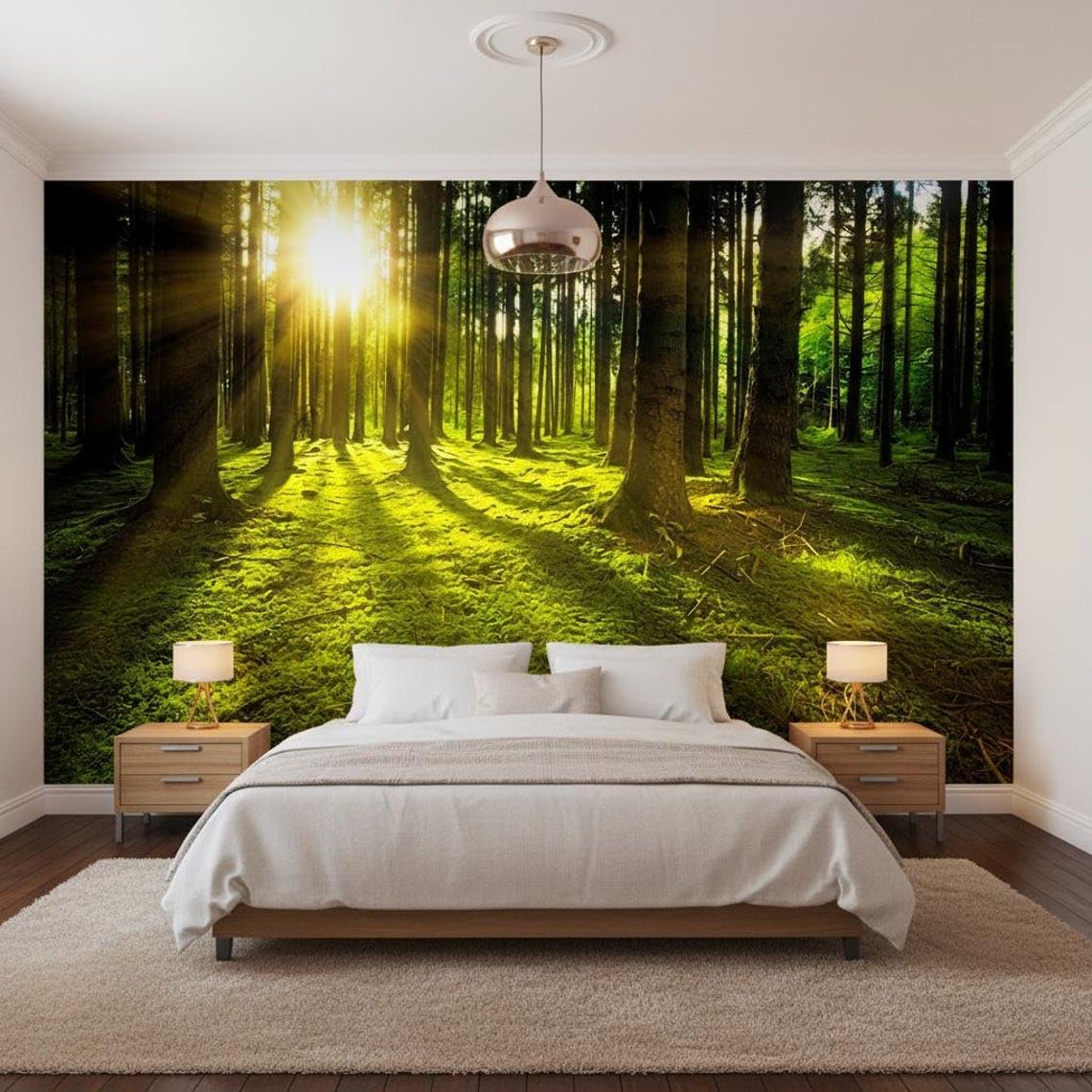 Sunny Graphics Print Sunlight Forest Wallpaper Mural Photo Green Trees Mossy Ground Nature Wall Art for Bedroom Lounge Office Spa Wall Covering Decoration Poster