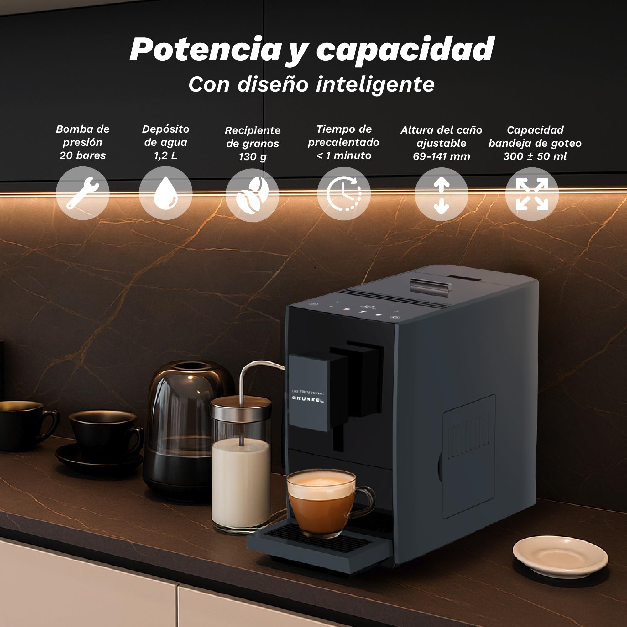 Grunkel DREAMCAFPRESSO Super automatyczny ekspres do kawy, 1,2 l, 5 napojów, ekran dotykowy, automatyczny spieniacz i podgrzewacz do mleka, zdejmowany młynek, 20 bar