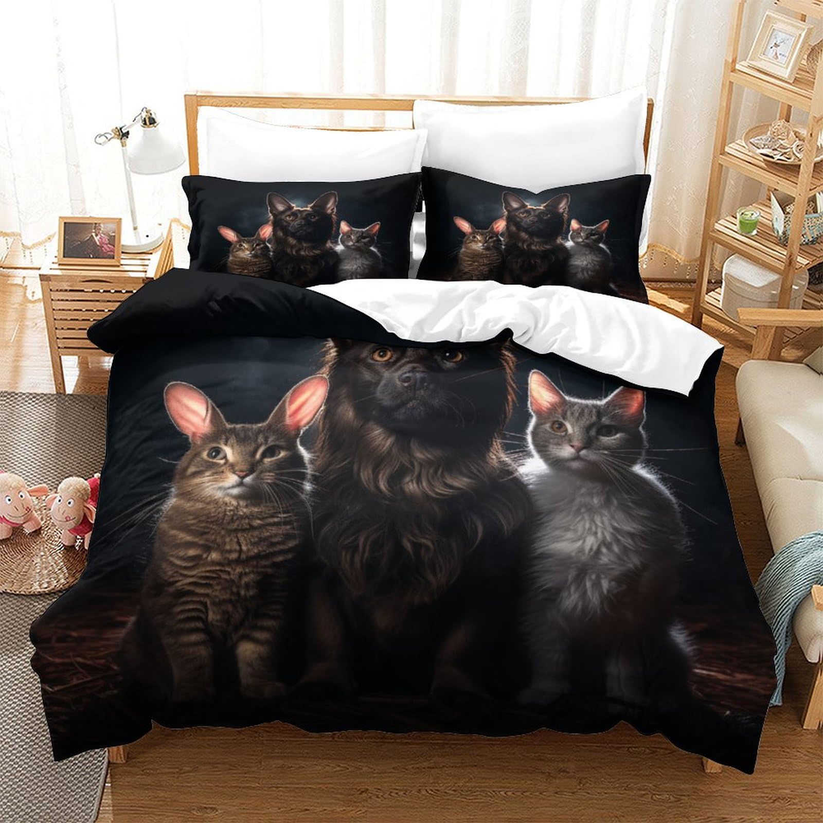 P1S9U7W5Y Adorable Cats 3D Printed Duvet Cover Set 3 Pieces Microfiber Bedroom Decor Cat Bedding Set for Adults Teens Soft Breathable King（220x240cm）