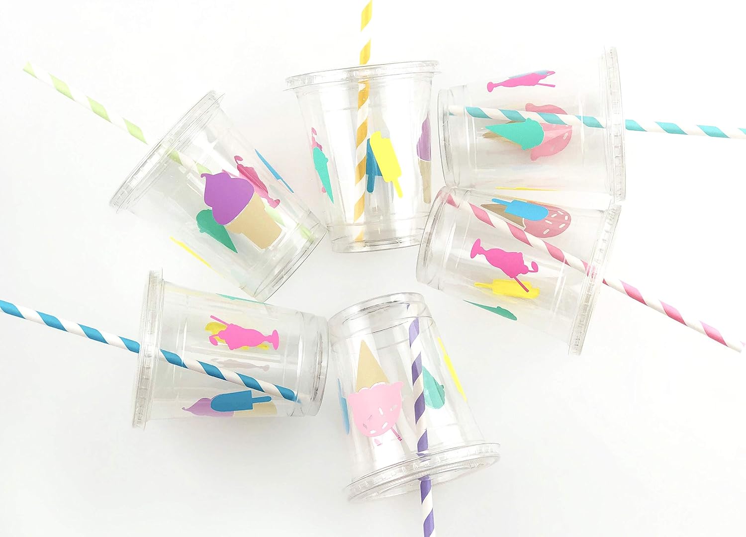 Ice Cream Birthday Party Cups 12 oz Disposable Plastic Lids Straws (12 Count)