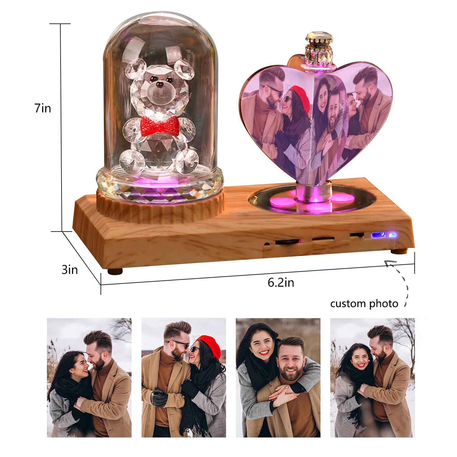 Brocade Creek Personalized Customized Heart 4 Photo Rotate Windmill Photo Frame Crystal Lamp Personalized Gift for Valentine's Day Birthday Bear Lamp