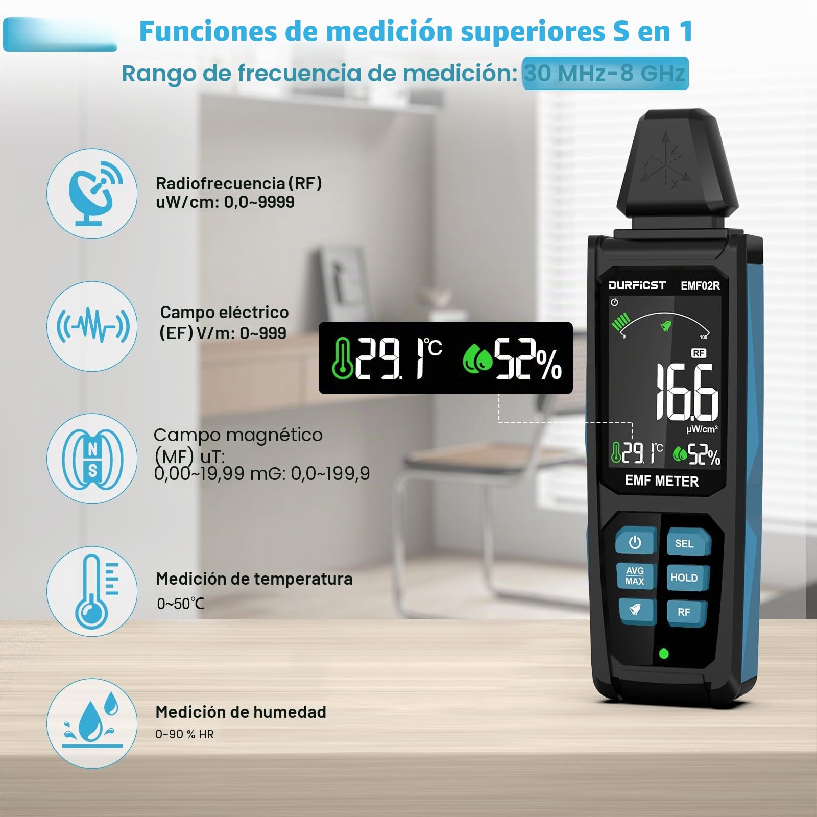 Medidor EMF, DURFICST 5 en 1, detector de radiación de campo electromagnético digital recargable para señales EF, RF, MF y WiFi, adecuado para 5G, torres de telefonía celular, medidores inteligentes