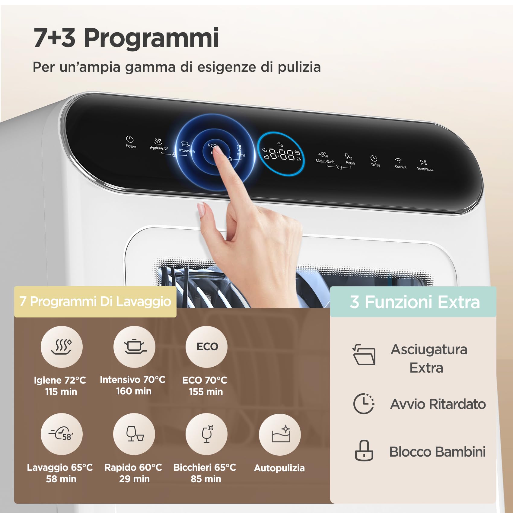 COMFEE' CDWMP305W-IT Lavastoviglie A Libera Installazione, 3 coperti, Design compatto da tavolo 435×420×465 mm, Facile installazione, Riempimento manuale, Programmi multipli, classe energetica D