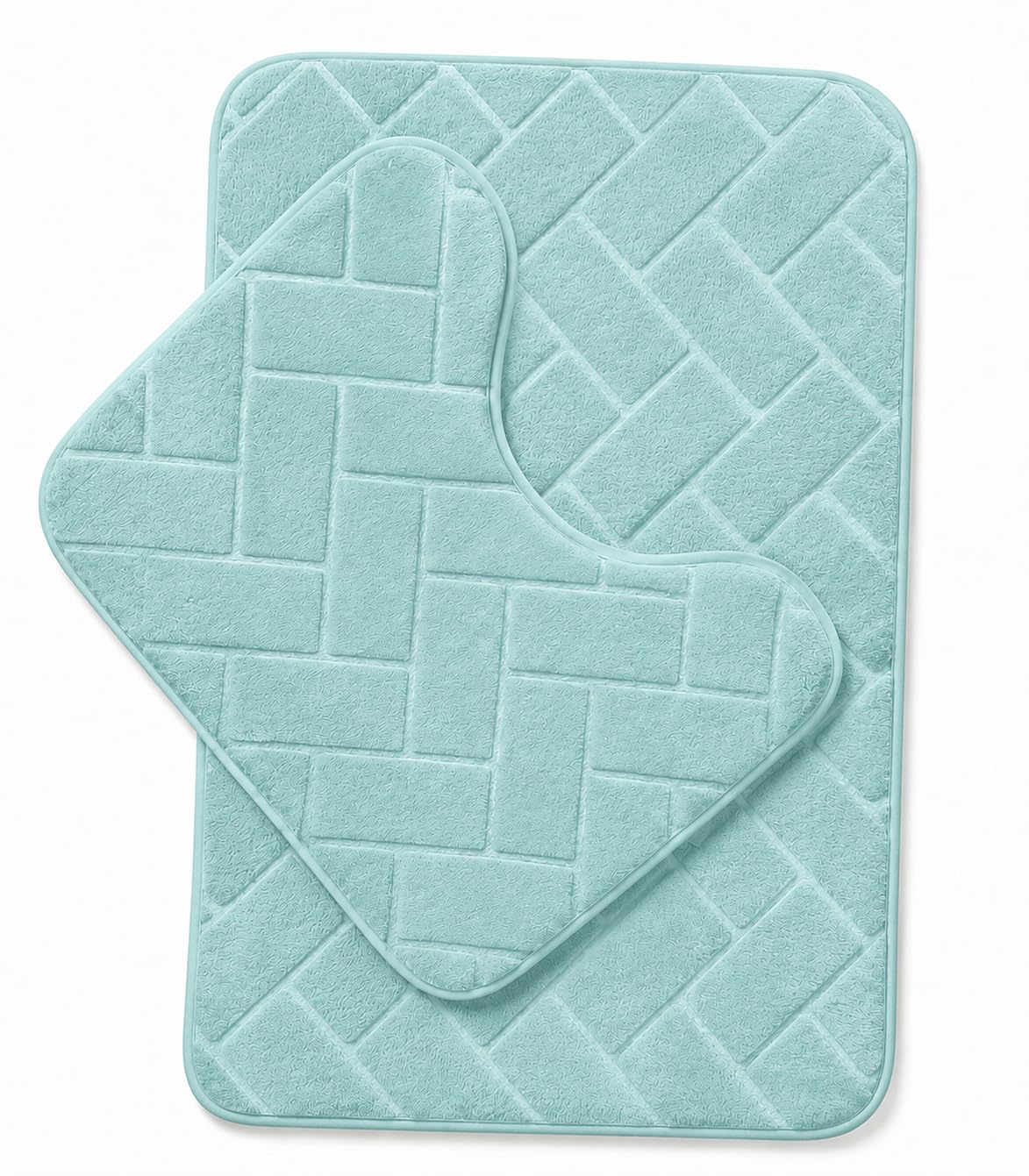 HOMES-LINEN Block Bricks Bath Mat Set Non Slip Pedestal Set Extra Absorbent 100% Memory Foam Bathroom Toilet Mat Rug Set (Aqua)