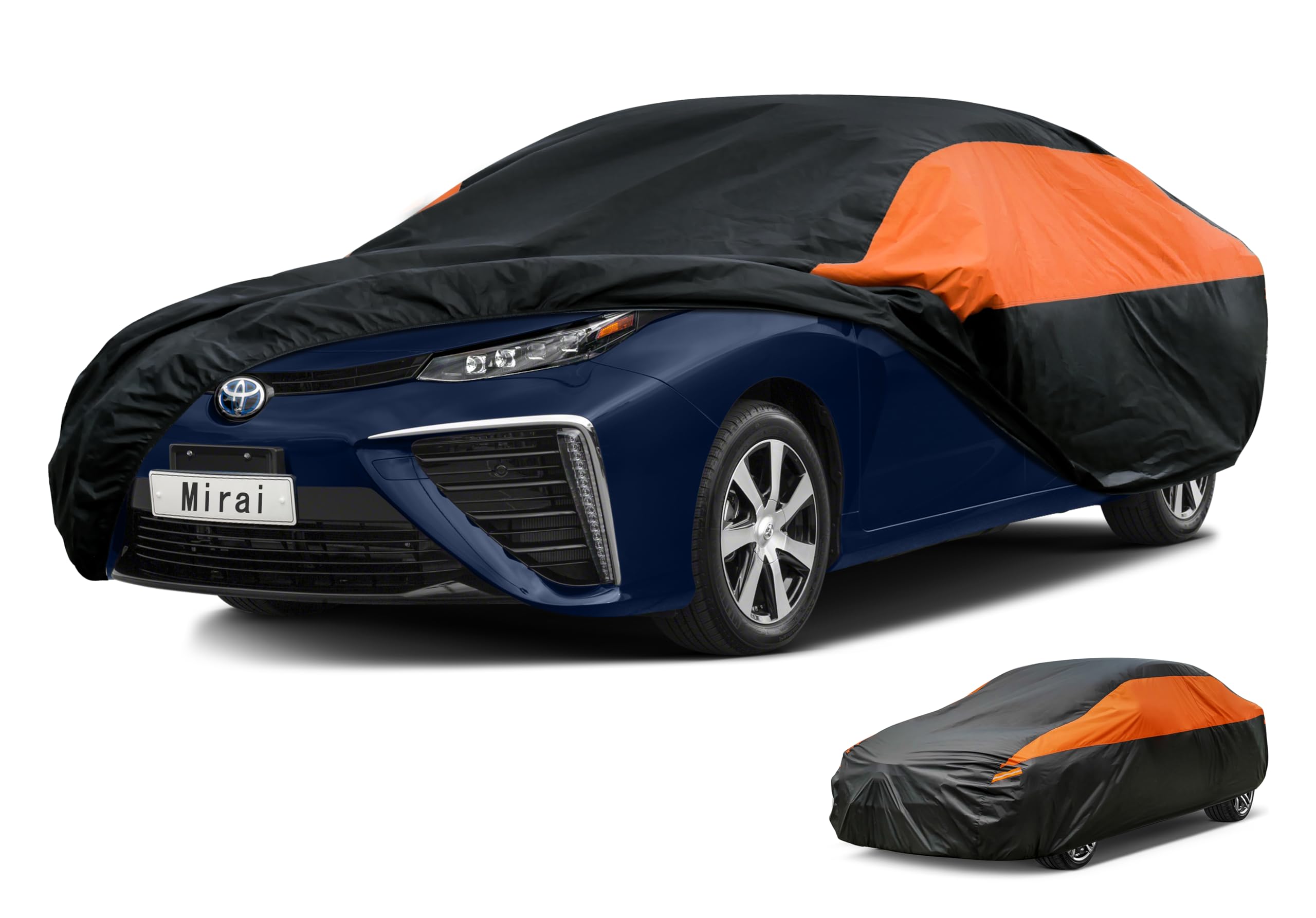 GUNHYI Waterproof Lightweight Sedan Full Car Cover Custom Fit Mirai | All‑weather Outdoor sun/rain/dust/snow/wind/UV protection, breathable tear‑resistant fabric, black‑orange design,storage bag
