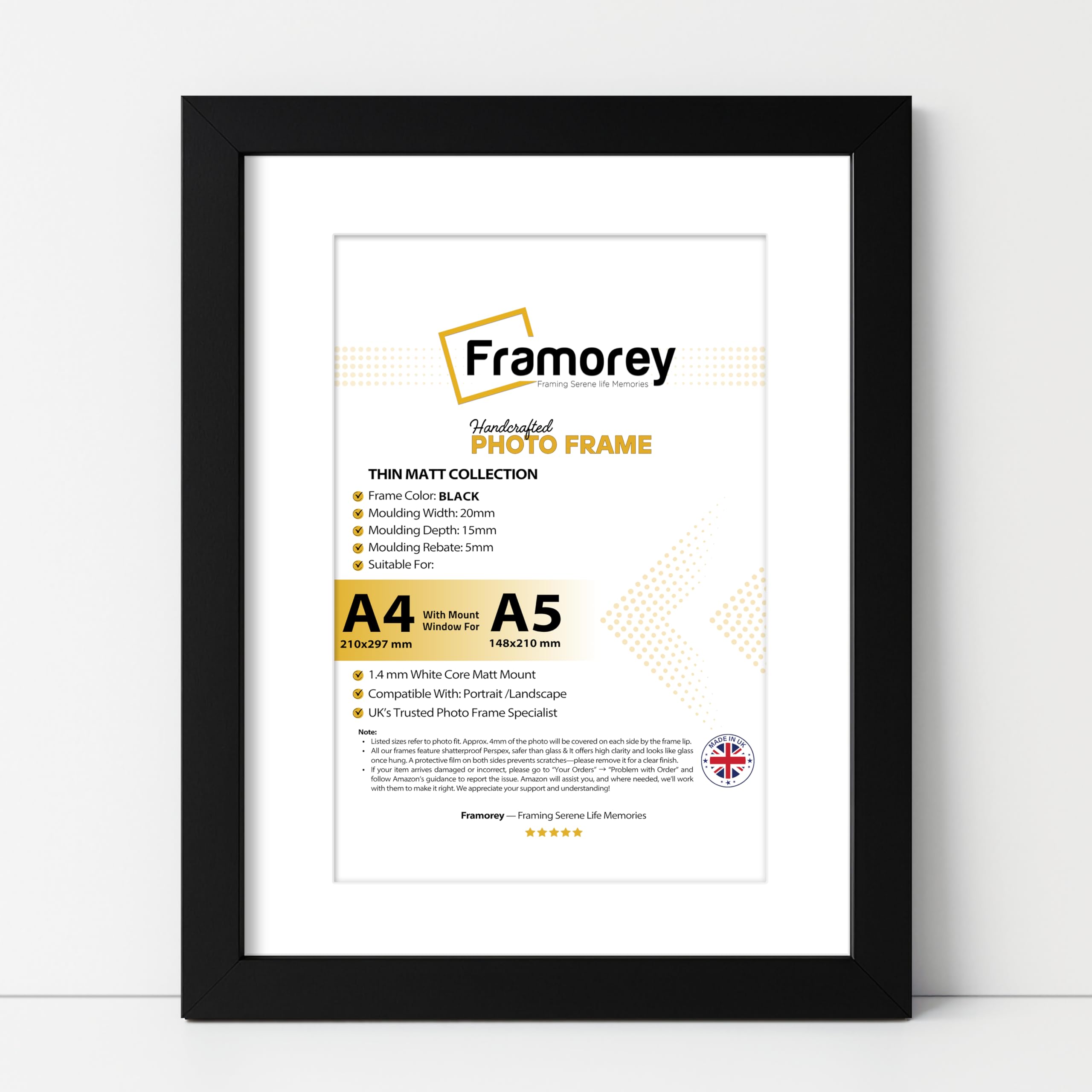 Framorey Framing Serene Life Memories Black With White Framorey A4 Frame Wooden Photo Frames With A5 Mount, Black A4 Picture Frames, 21 X 29.7Cm, With Plexiglass, Wall Hooks, Stand And Mat, For Tabletop Or Wall Hanging