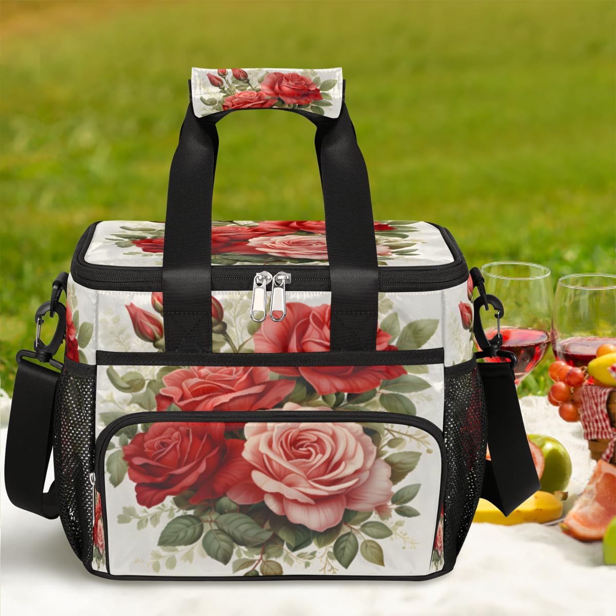 Flowers Insulated Picnic Backpack Lunch Box for Women Men Picnic Basket Tote Lunch Bag Picnic Bag Portable Lunch Bags for Picnic, Beach, Work, Trip,Office, Camp Blooming Red Roses