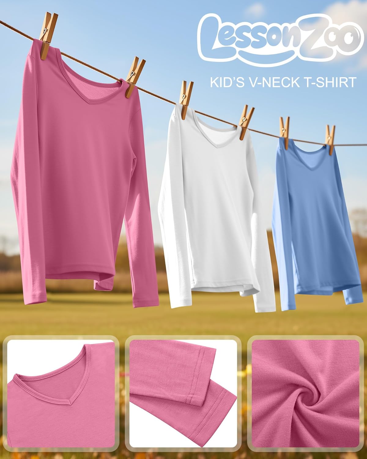 3 Pack Girls Long Sleeve T-Shirts 5-14 Years Kids Undershirts V Neck Base Layer Basic Lightweight Teen Youth Tops - Image 4
