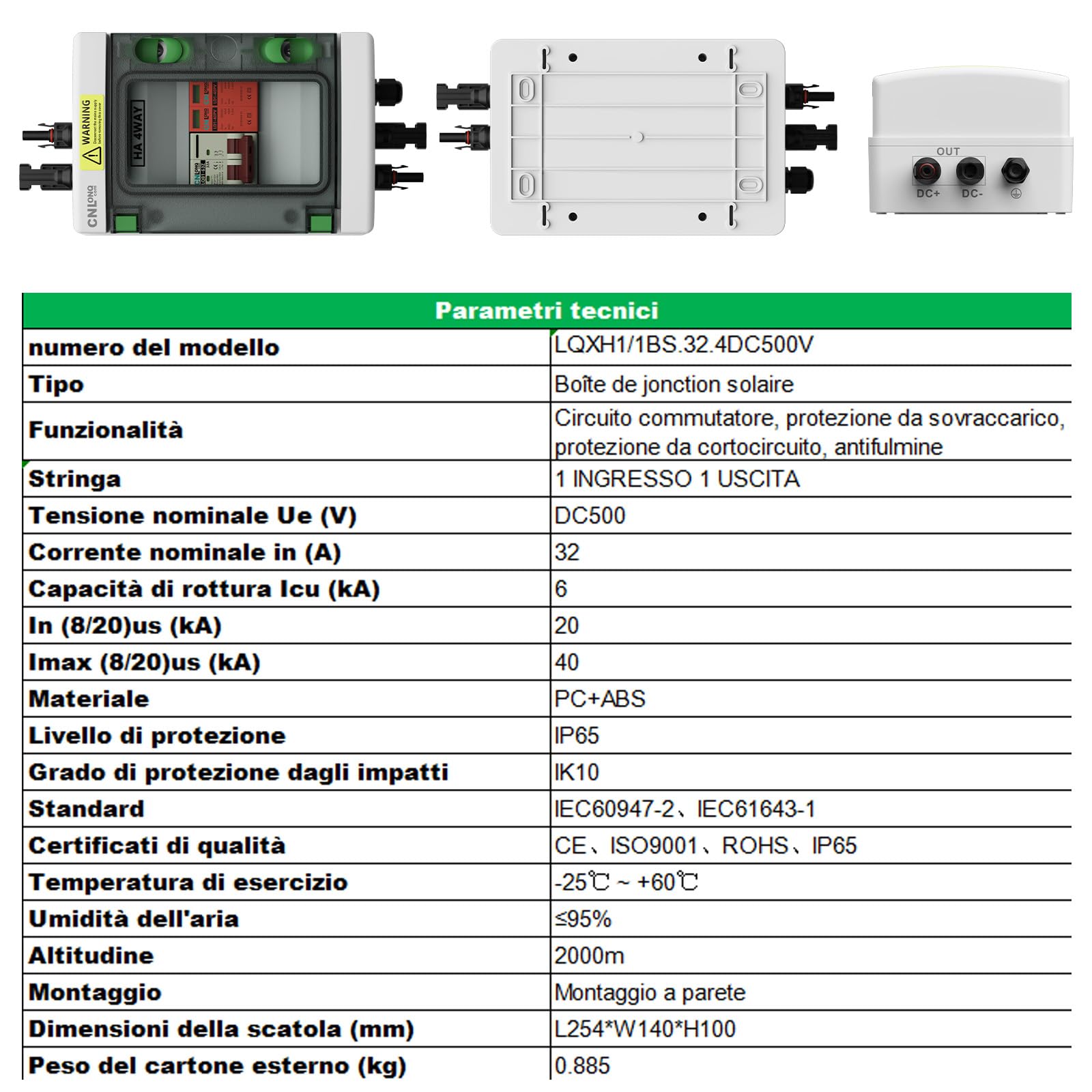 Protezione da Sovratensione Solare PV DC500V 32A Interruttore Magnetotermico 1 ingressi 1 uscite e Scaricatore di Sovratensione con Scatola di Giunzione Impermeabile IP65