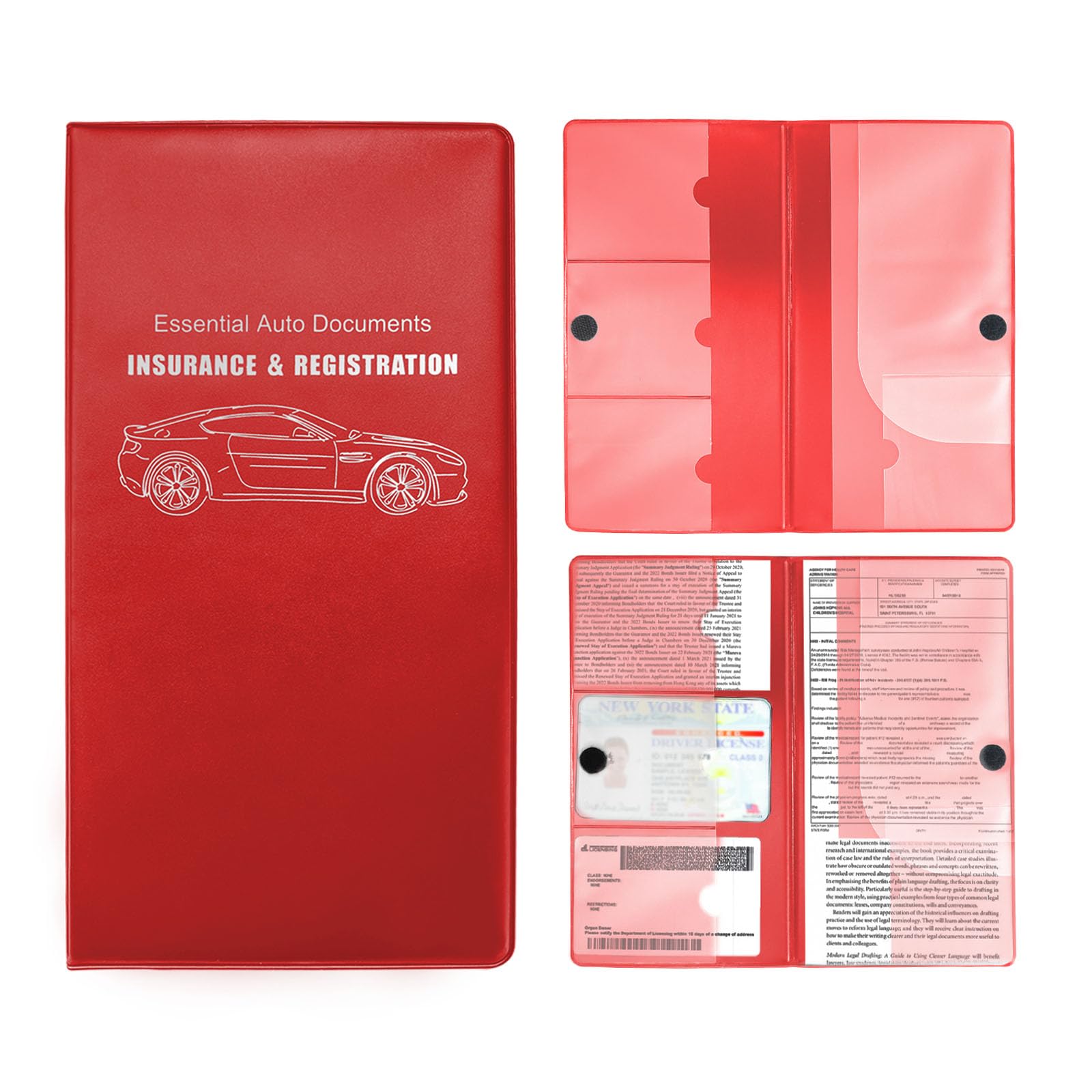 Car Registration and Insurance Holder, 10.39''×9.56'' Essential Auto Card Document Glove Box Organizer with Closure, Car Interior Accessories (Red, Smooth Car)