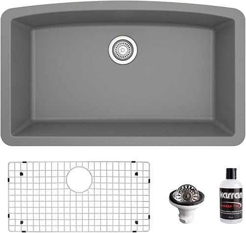 Karran QU-712 - Kit de fregadero de cocina compuesto de cuarzo de 32 pulgadas, color gris