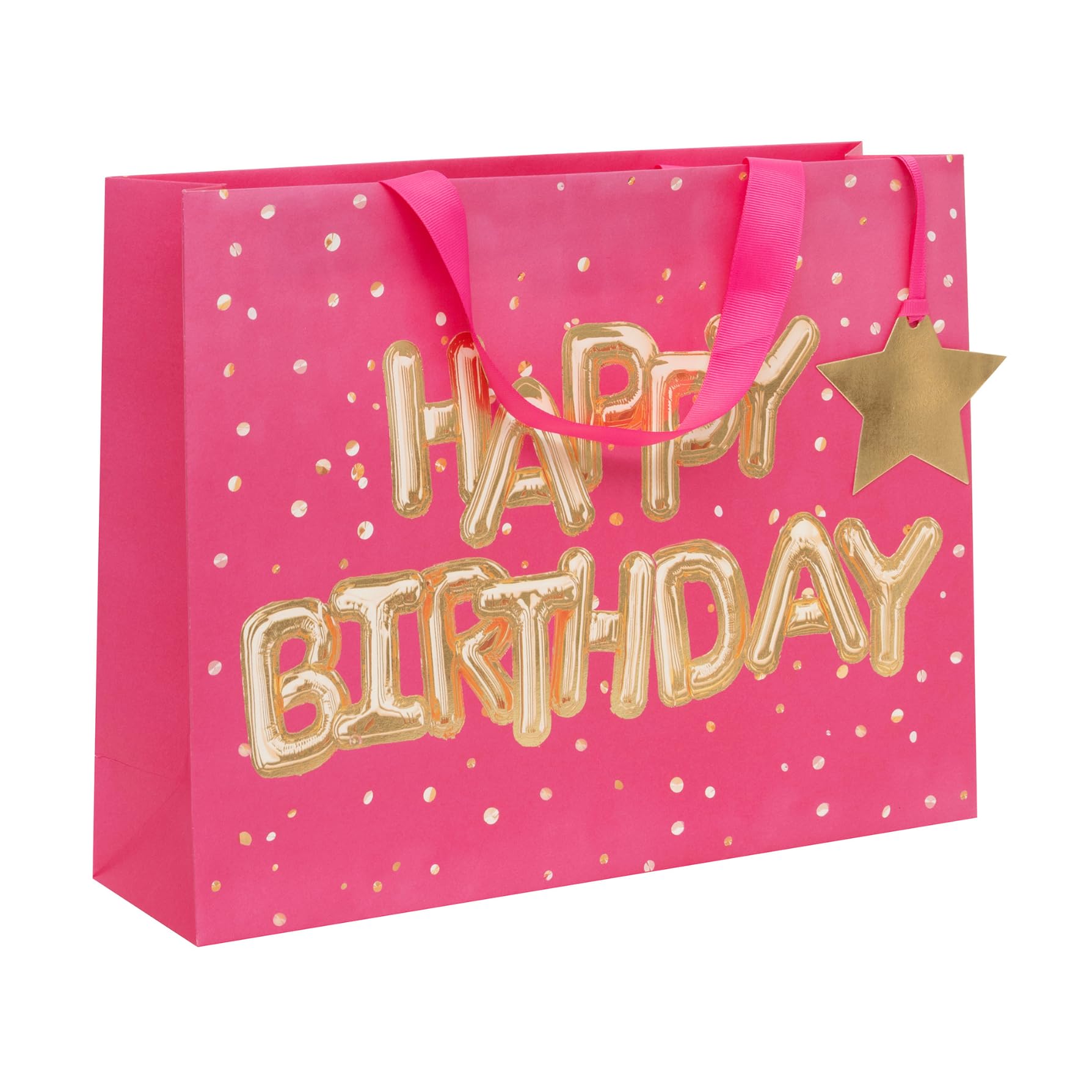 Glick Large Landscape Gift Bag, Helium Happy Birthday Pink, Luxury Recyclable Bag for Birthdays & Celebrations, 275 x 355 x 100 mm