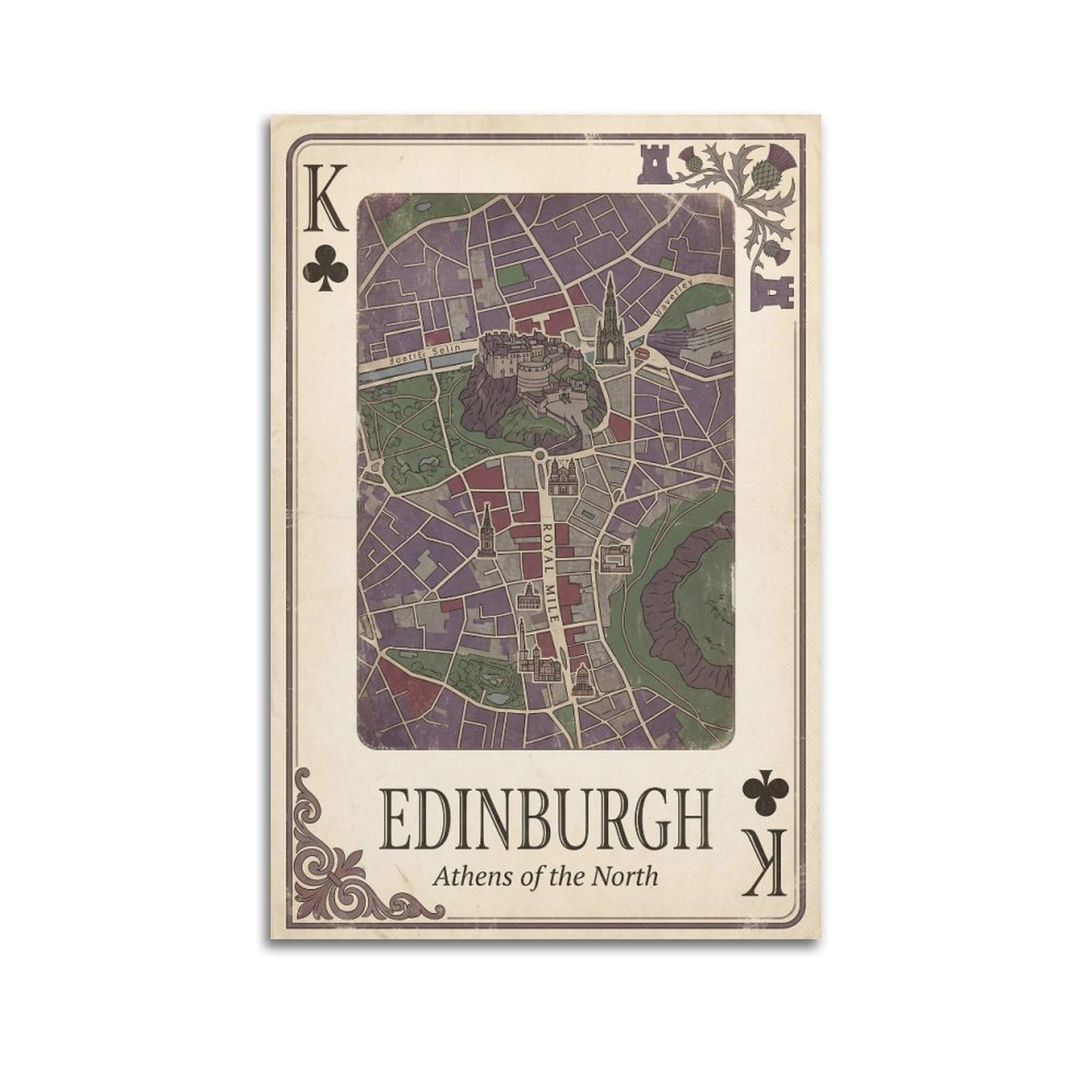 OKNGB Vintage City Map Poster Edinburgh Castle Scotland Playing Card Style Decorative Painting Canvas Art Picture 20x30inch(50x75cm)