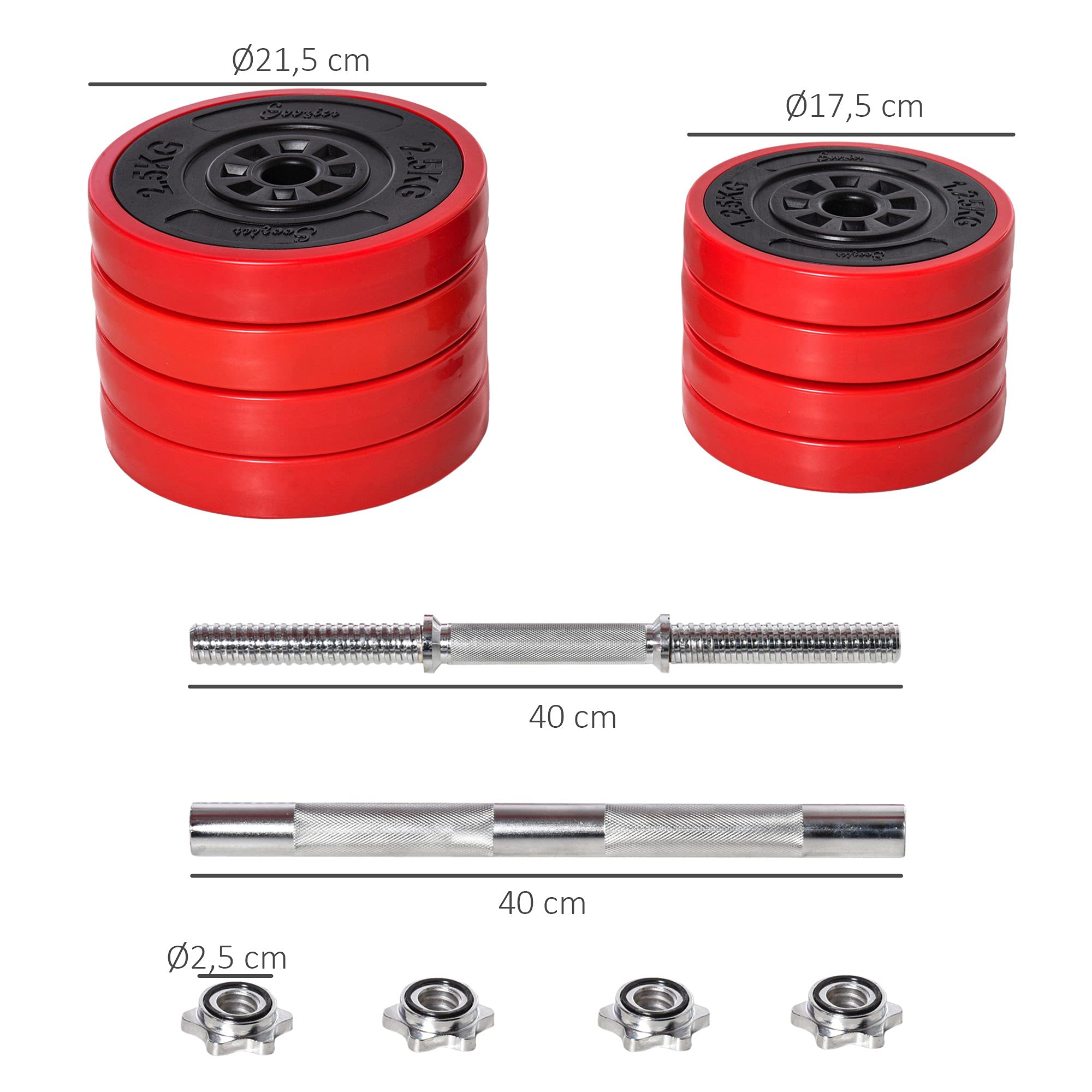 HOMCOM Juego de Mancuernas Ajustables 2 en 1 20 kg como Barra, Mancuernas, con 8 Discos 2 Barras y Biela Ajustable para Entrenamiento de Fuerza, Levantamiento de Pesas, Hogar, Gimnasio, Oficina