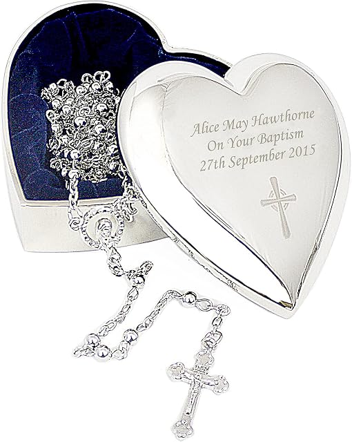Custom Personalised Cross Heart Trinket Box with Rosary Beads for Christening, Communion, Confirmation, Birth, Baptism