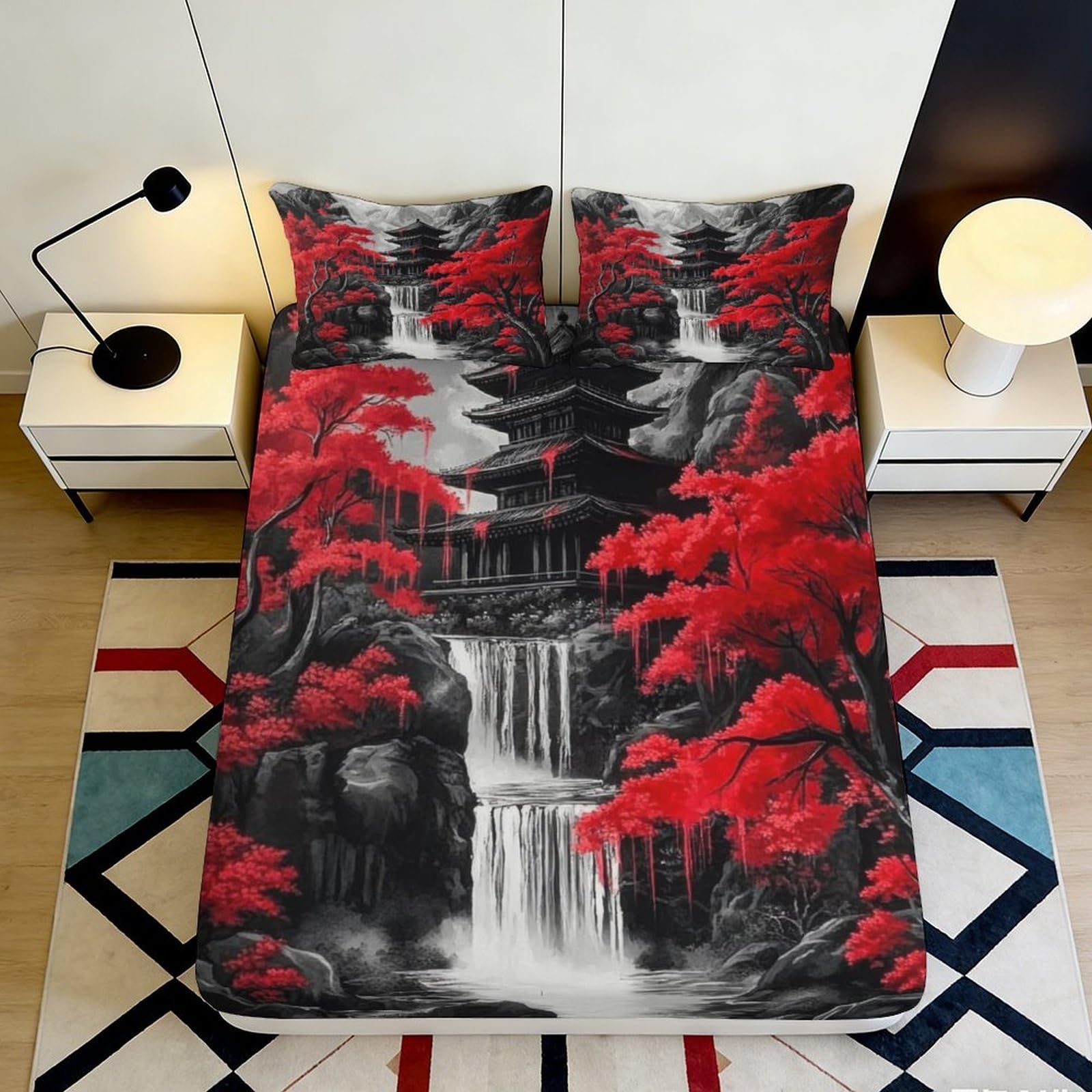 Pnayamiorkfel Style-7 3D Printed Japanese Pagoda Fitted Sheet Microfiber Red Maple Waterfall Bed Cover For Bedroom Guest Room Decor 90X200x25cm