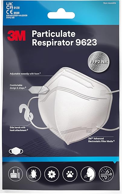 3M Particulate Respirator 9623 FFP2 NR, Comfortable, easy breathing, Filter media filters  94% of airborne particulate matter incl. Cough/Sneeze particles, Household Dust, Pollen, White, 20 Pack