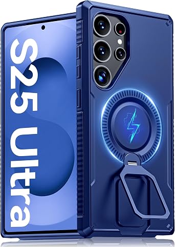 Vizvera for Samsung Galaxy S25 Ultra Case with Magnetic Power [Ring Holder ][Kickstand][Raised Edge] Wireless Charging Phone Case for Galaxy S25 UltraMagnetic Blue