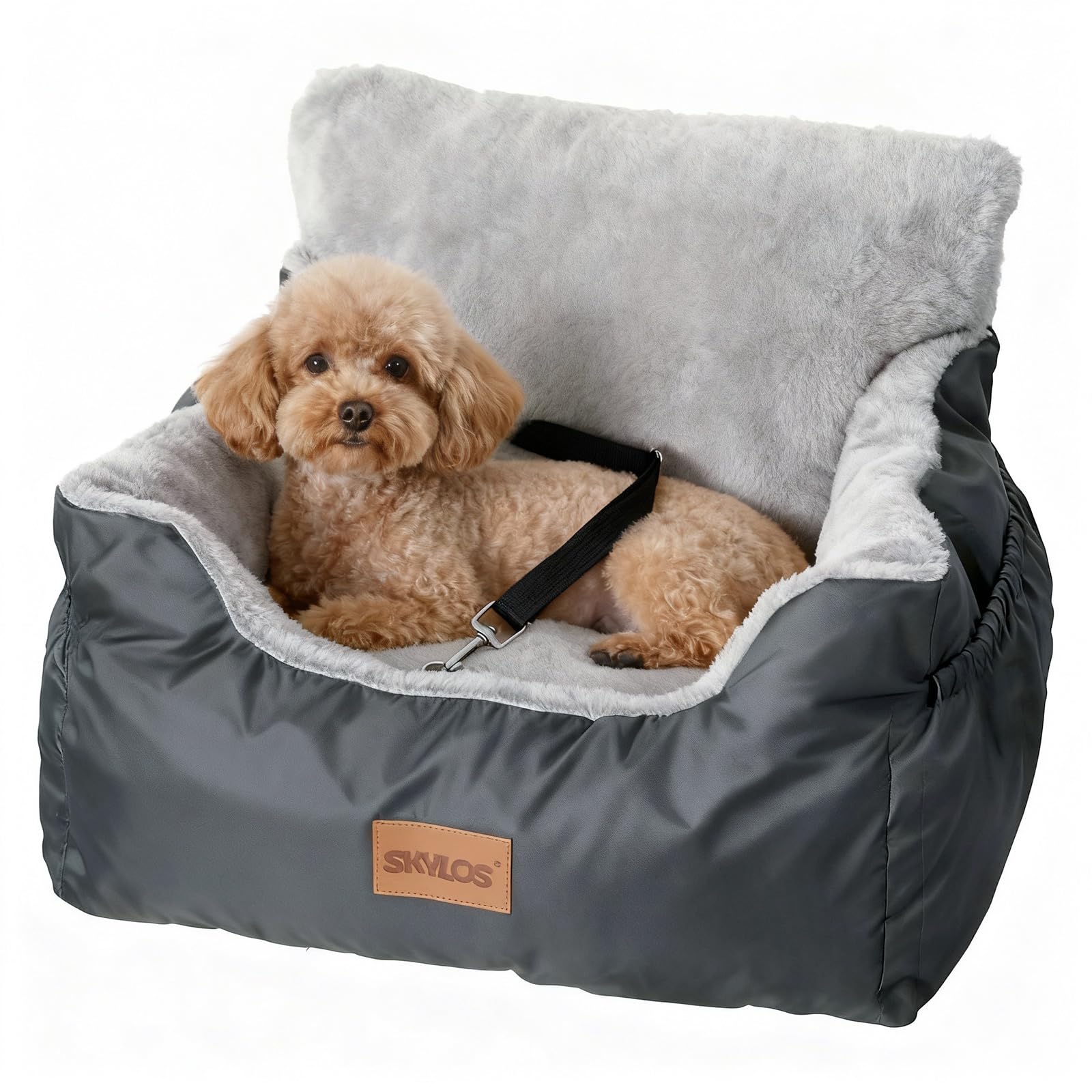 Skylos Dog Car Seats for Small Dogs or Cats, Plush & Cosy Pet Car Booster Seat Travel Bed with Storage Pocket, Safety Leash, Waterproof Liner & Non-Slip Base, Soft Secure Puppy Bed (Grey)